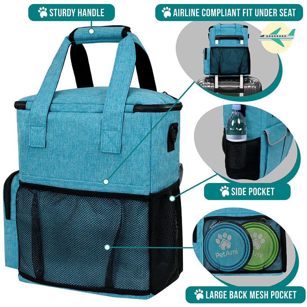 PetAmi Bolsa de viaje para perros, suministros para mascotas, organizador de accesorios para viajes, camping, fin de semana; el kit de bolsa de viaje para mascotas incluye 2 recipientes de