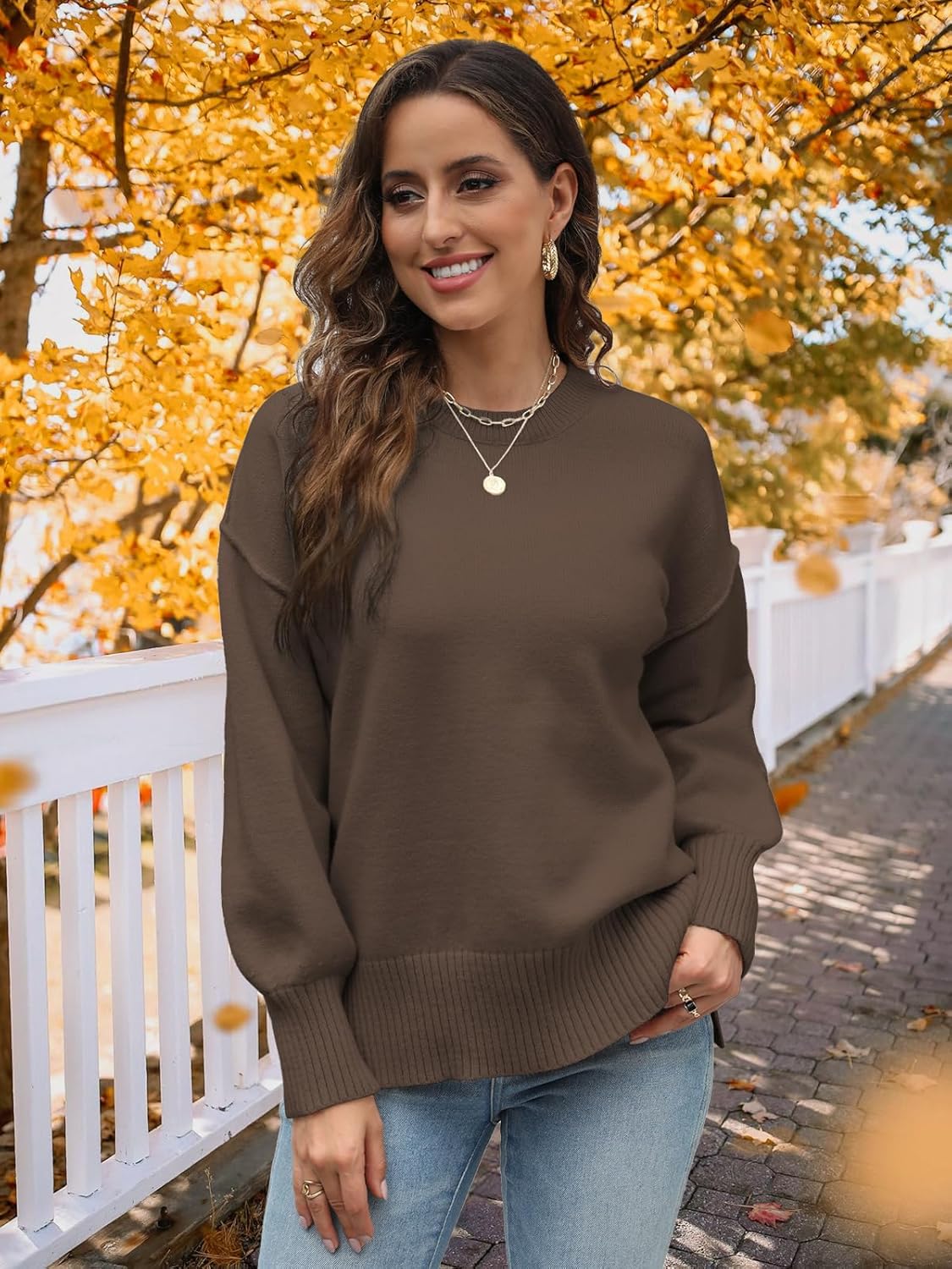 Womens Sweaters Crewneck Long Sleeve Pullover Tops Loose Fit Soft Knit Ribbed Hem Side Slit Casual Fall Winter Outfits - Image 3