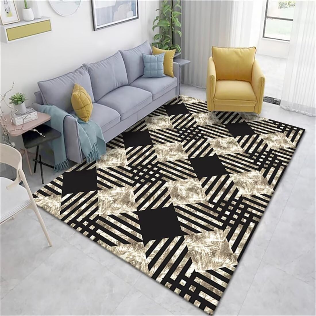 Tapis de salon qui ne glisse pas décoration géométrique grise noire