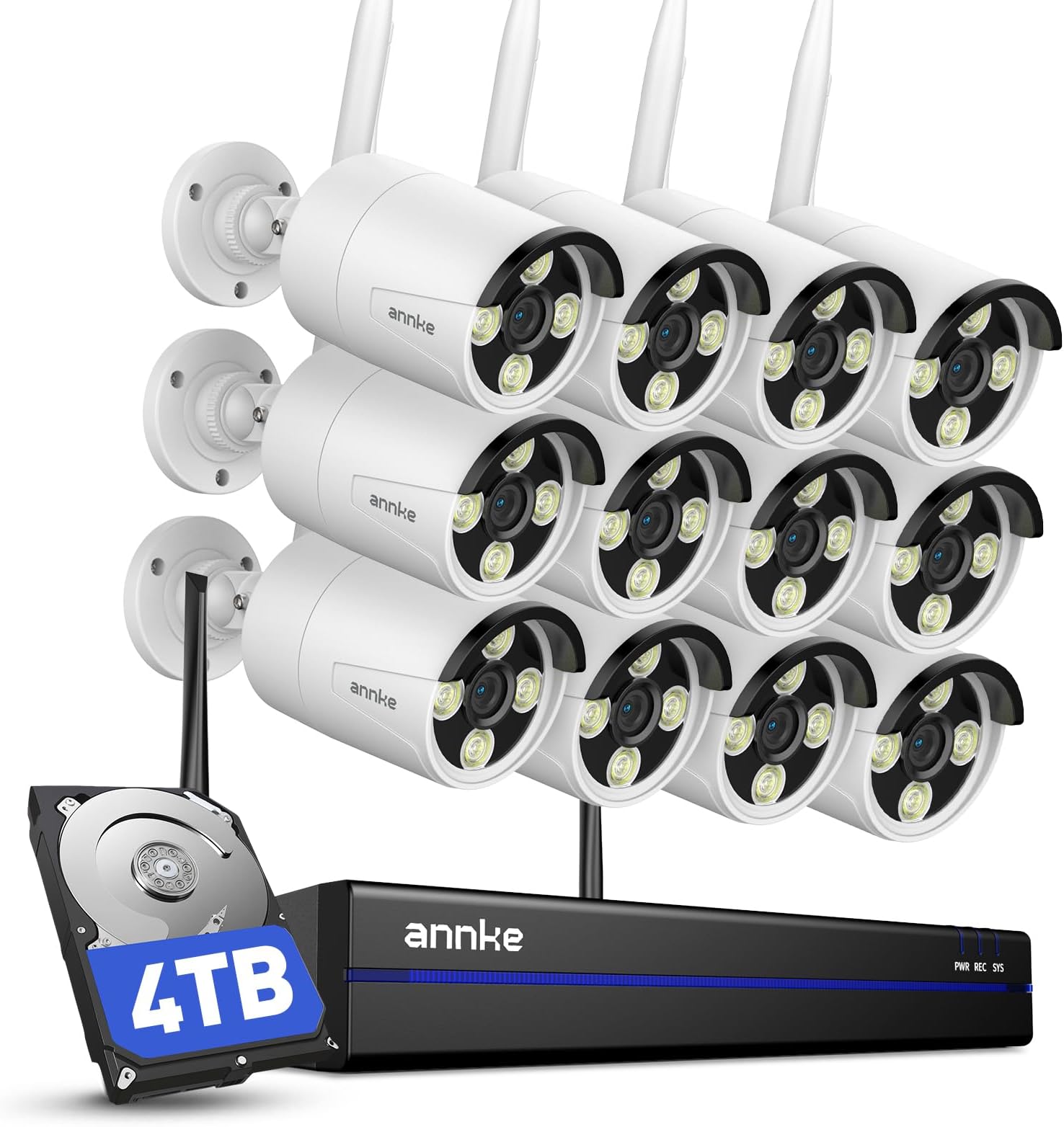 ANNKE Wireless Security Camera System 4TB Hard Drive, 16CH 4K WiFi NVR Kit, 12Pcs 2K Home Surveillance Cams for Indoor/Outdoor, 2-Way Audio, Night Vision, Weatherproof, Motion Detection, Metal Housing