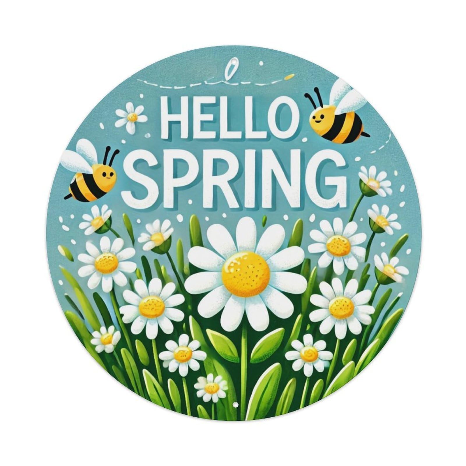 Hello Spring Bees Daisies Greenery Round Metal Tin Sign Vintage Wall Decor, Bar Garage Cafe Kitchen Home Wall Art Poster 8x8inches
