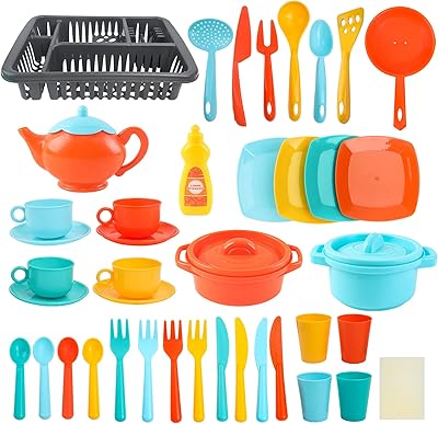 deAO 41PCS Kids Play Dishes Pretend Play Kitchen Set for Kids Children Tableware Dishes Playset with Drainer - Play Kitchen Accessories for Girls Boys Kids