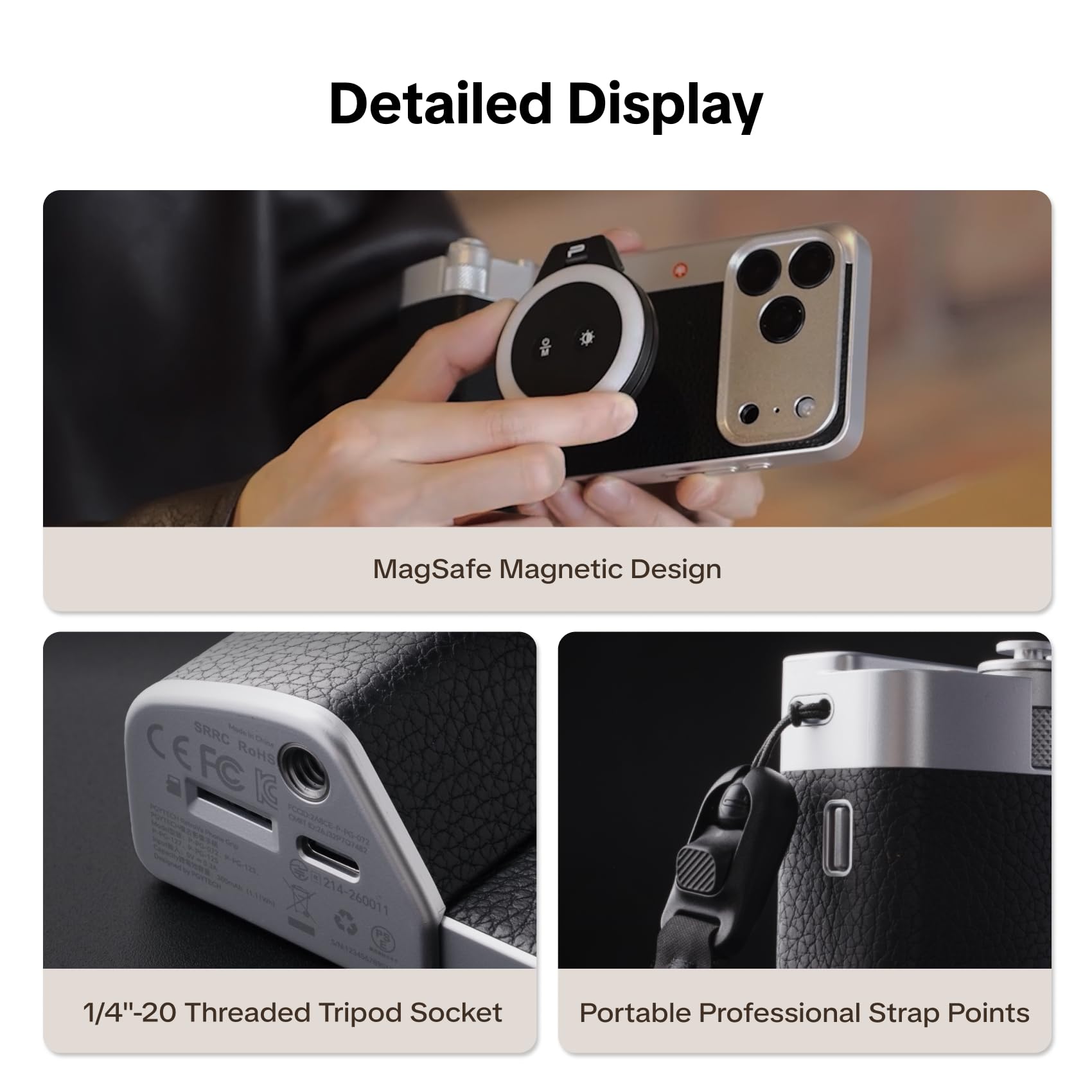 PGYTECH Kit de Empuñadura RetroVa para iPhone 16 Pro MAX, con Funda Vintage, Mango Bluetooth para Smartphone, Ranura MicroSD, Rosca 1/4"-20, Controles Físicos e Integración con Aplicación
