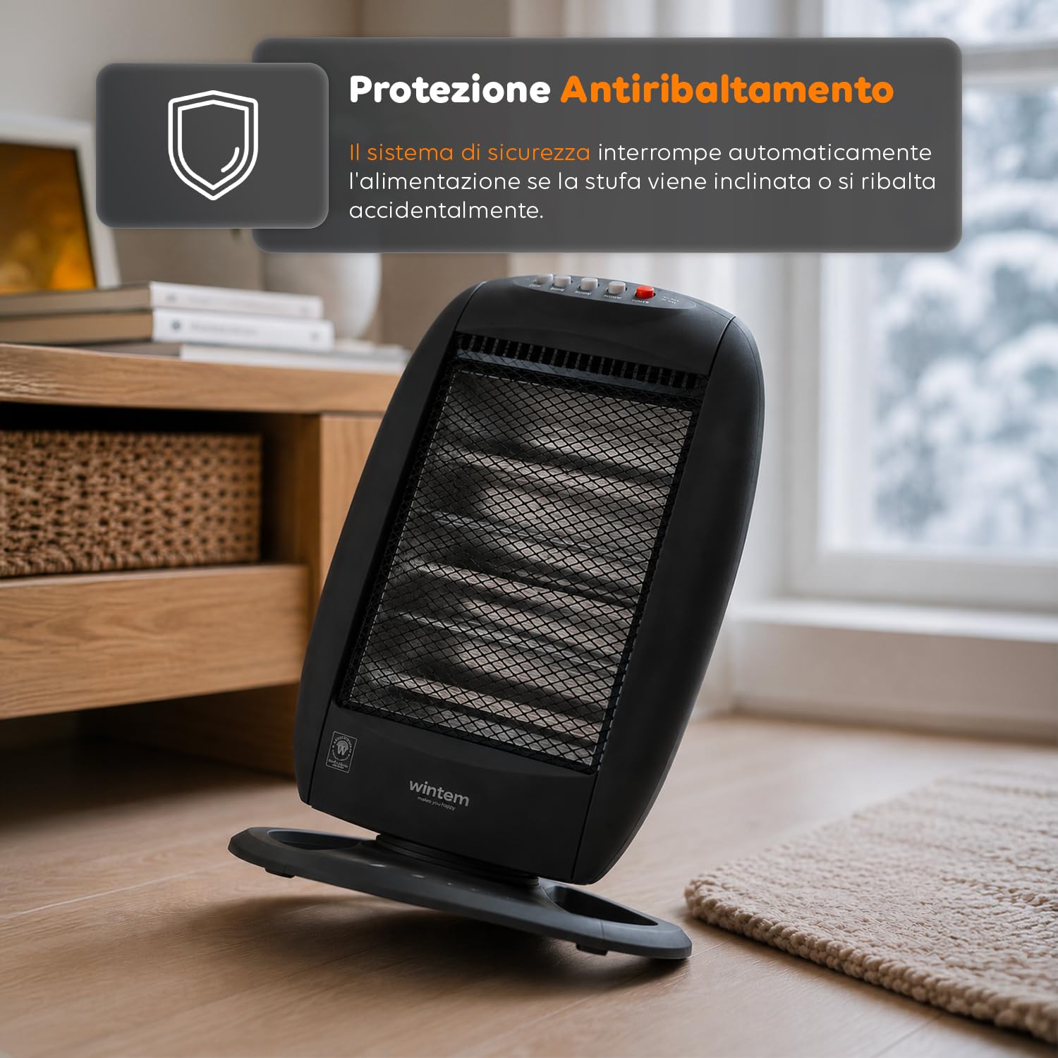 Wintem Stufa Alogena Elettrica 3 Elementi Indipendenti 1200W - Ideale per Riscaldare Piccole Stanze in Casa o Ufficio con Protezione al Ribaltamento e Antisurriscaldamento per una Sicurezza Ottimale