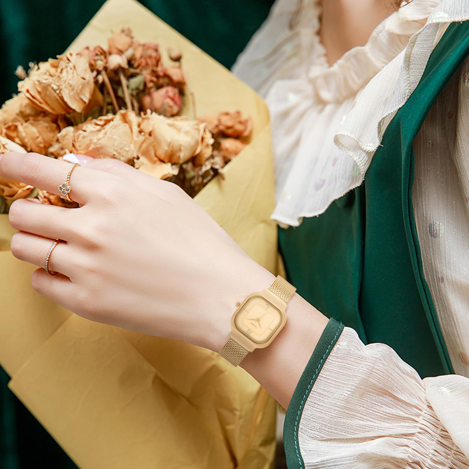 SIBOSUN Watches for Women Wrist Watch Stainless Steel Mesh Strap Watch for Ladies Women Fashion Dainty Simple Watches Analog Quartz Square Gold Watch Casual Thin Minimalist Watch Gifts for Her Mom