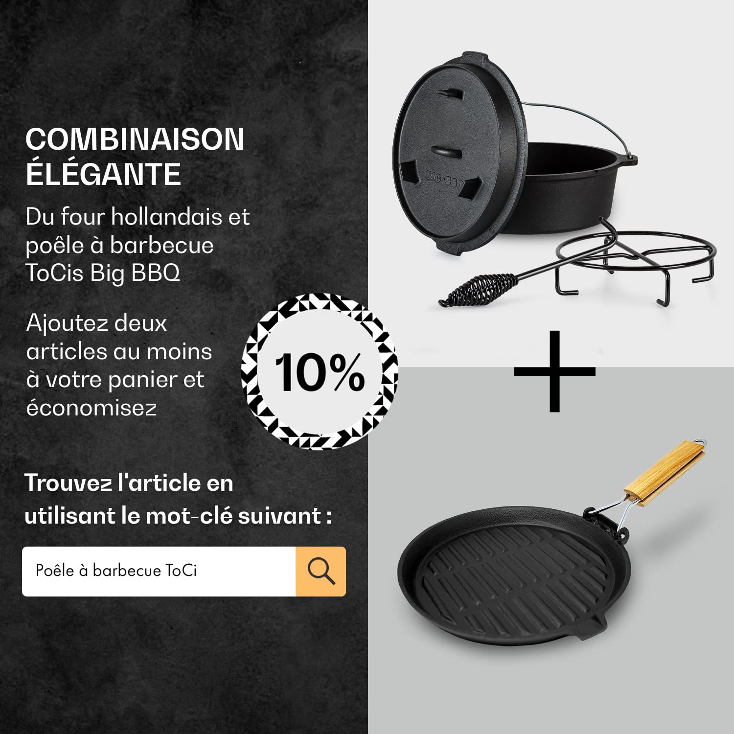 Cocotte en Fonte Pré-assaisonné 9L avec Couvercle, Faitout pour l'Exterieur, Marmite Résistante au Four, Chaudron de Camping
