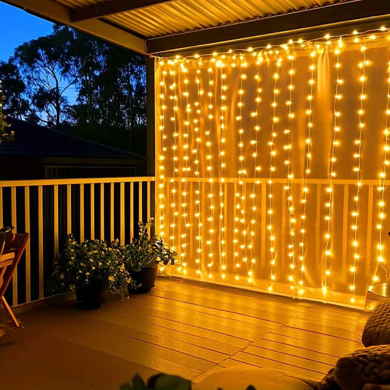 Solar Vorhanglichter 6×3m mit 600 LEDs, 8 Lichtmodi wasserdichte Solar Wasserfall Lichterkette mit Fernbedienung & Timer, Außendeko für Balkon, Pavillon und Hochzeiten