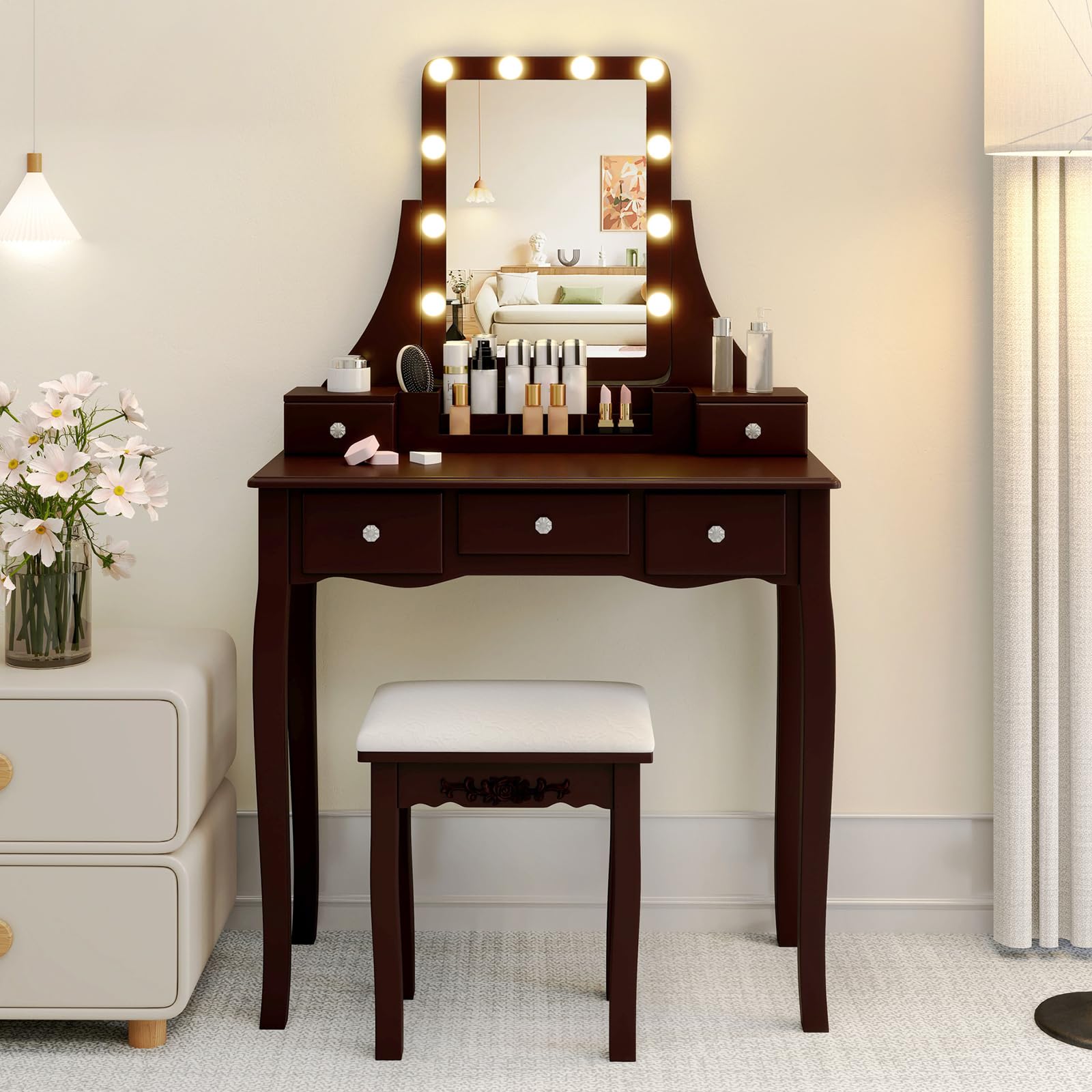 Amazon.com: COSTWAY Vanity Desk with Lights, Makeup Table with 3 Modes  Adjustable Lighted LED Mirror & Cushioned Stool, Dressing Table Set with 3  Drawers for Women Girls Bedroom Dressing Room, Brown :