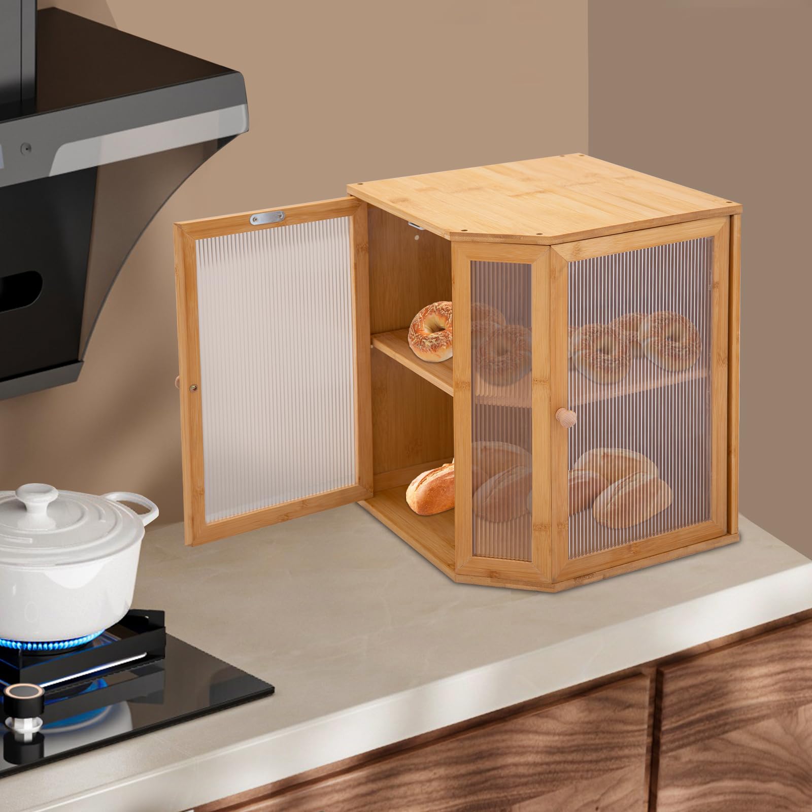 Panera de bambú, 2 estantes, gran contenedor para almacenar pan, paneles semitransparentes, capacidad de carga 15 kg, fácil de limpiar, mejor almacenamiento, 30 x 20 x 38 cm