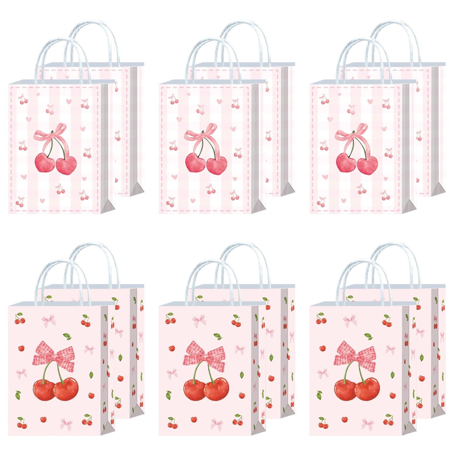 12Pcs Bow Party Bags, Bow Cherry Paper Gift Bags with Handles, Coquette Cherry Goodie Bag for Presents Candy Treat, Cute Party Favour Bags for Birthday Party Supplies