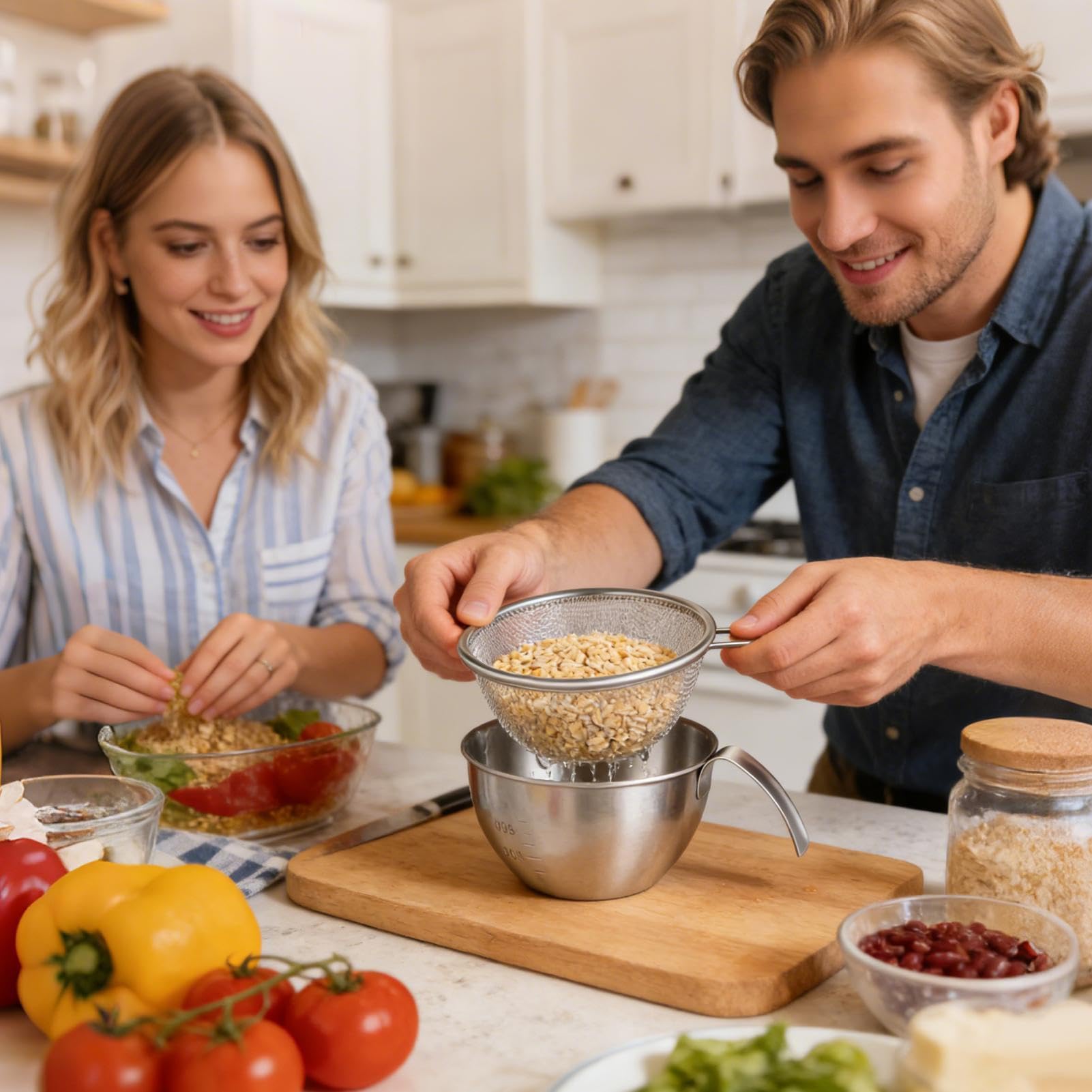 Set di ciotole in acciaio da 14 cm, scolapasta da cucina e ciotole, ciotole per lavare il riso, ciotole con colino, cestini per mescolare con manico, preparazione pasti, insalata,