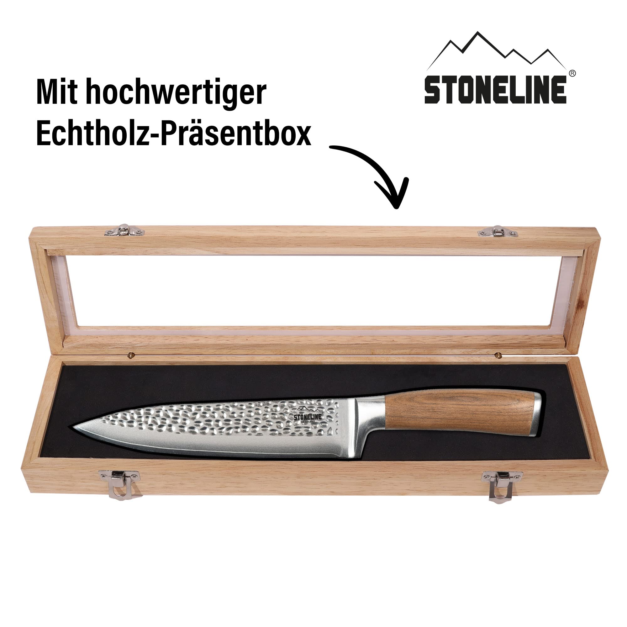 STONELINE Cuchillo Chef de Acero Damasco 34 cm, Hoja Martillada Extremadamente Afilada de 20,3 cm, 67 Capas, Cuchillo Cocinero Uiversal Profesional, Mango de Nogal, Embalaje Madera, Cuchillo Cocina