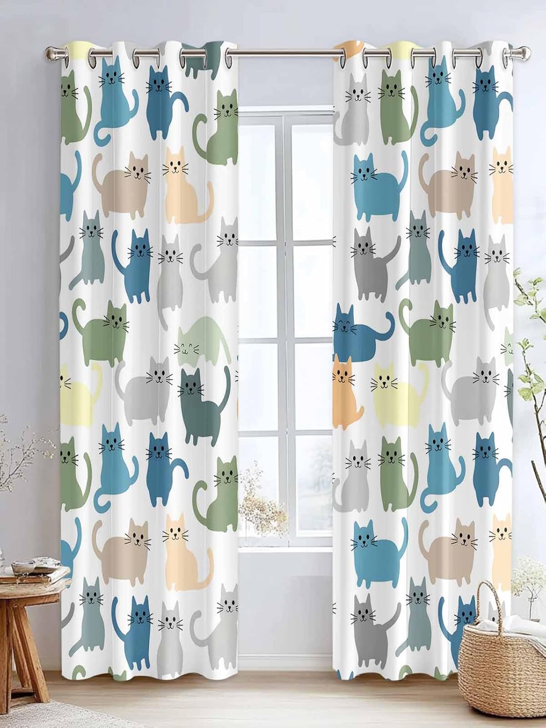 Grommet Window Curtains Cartoon Lovely Cat Print Grommet Top Bedroom and Living Room Curtains, Set of 2 Window Curtain Panels,52 x 96 Inch