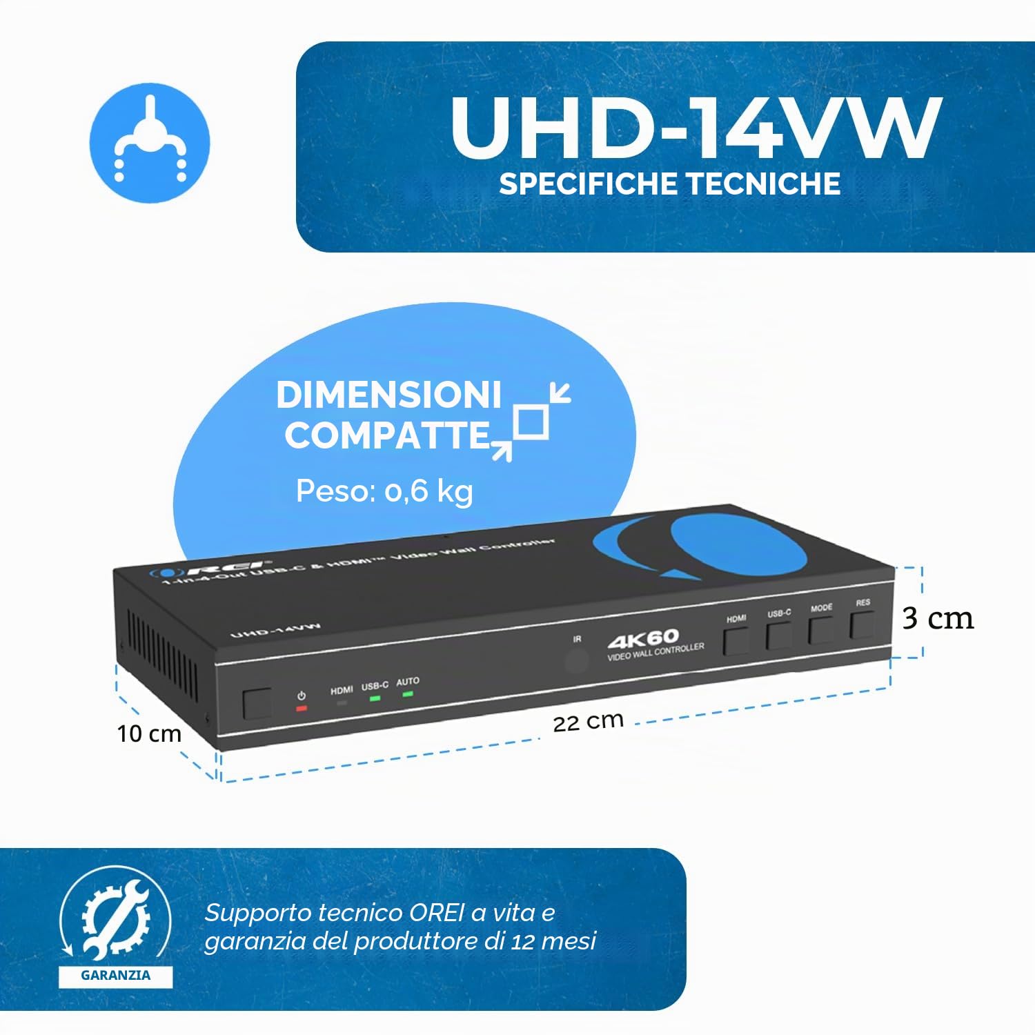 OREI 4K 2x2 HDMI o USB-C Video Wall Controller Processor Display Upto 4K 60hz 2x1, 1x2, 1x3, 1x4 supports 180 gradi Rotate RS-232 Audio Extraction (UHD-14VW)