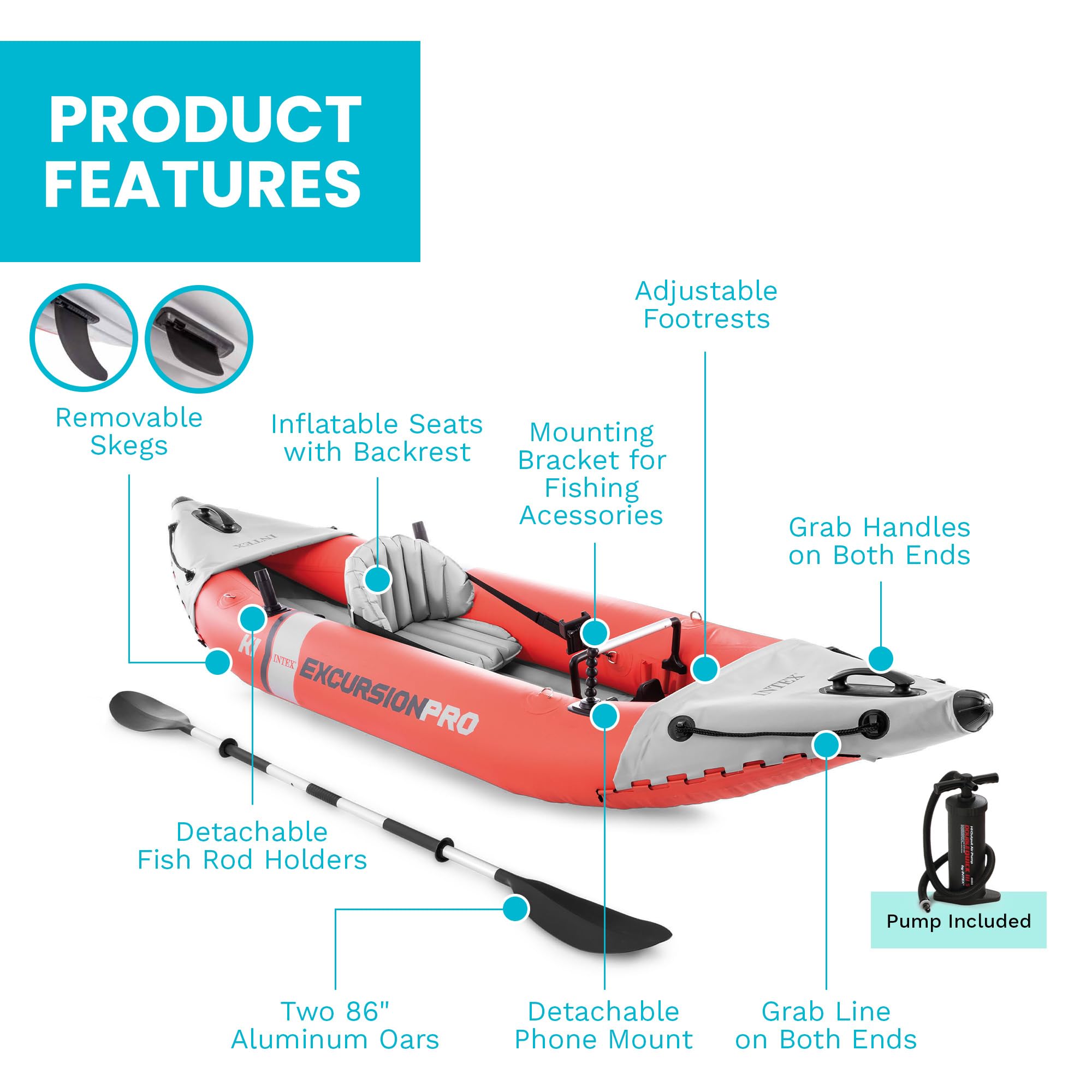 INTEX 68303EP Excursion Pro K1 Inflatable Kayak Set: Includes Deluxe 86in Aluminum Oars and High-Output Pump – SuperTough PVC – Adjustable Bucket Seat – 1-Person – 220lb Weight Capacity — Amazon image 5