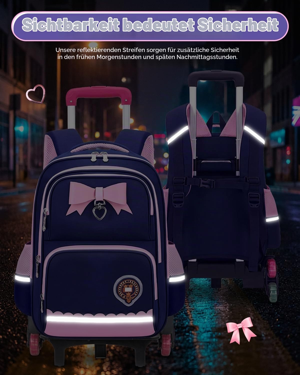 Amythe Schulranzen mit Rollen für Mädchen, Schulrucksack 1.-5. Klasse Blau | Trolley-Schultasche Mädchen 6 Räder, Wasserdichter Rucksack Kinder mit Reflektoren für Grundschule 6-10 Jahre, Schulstart