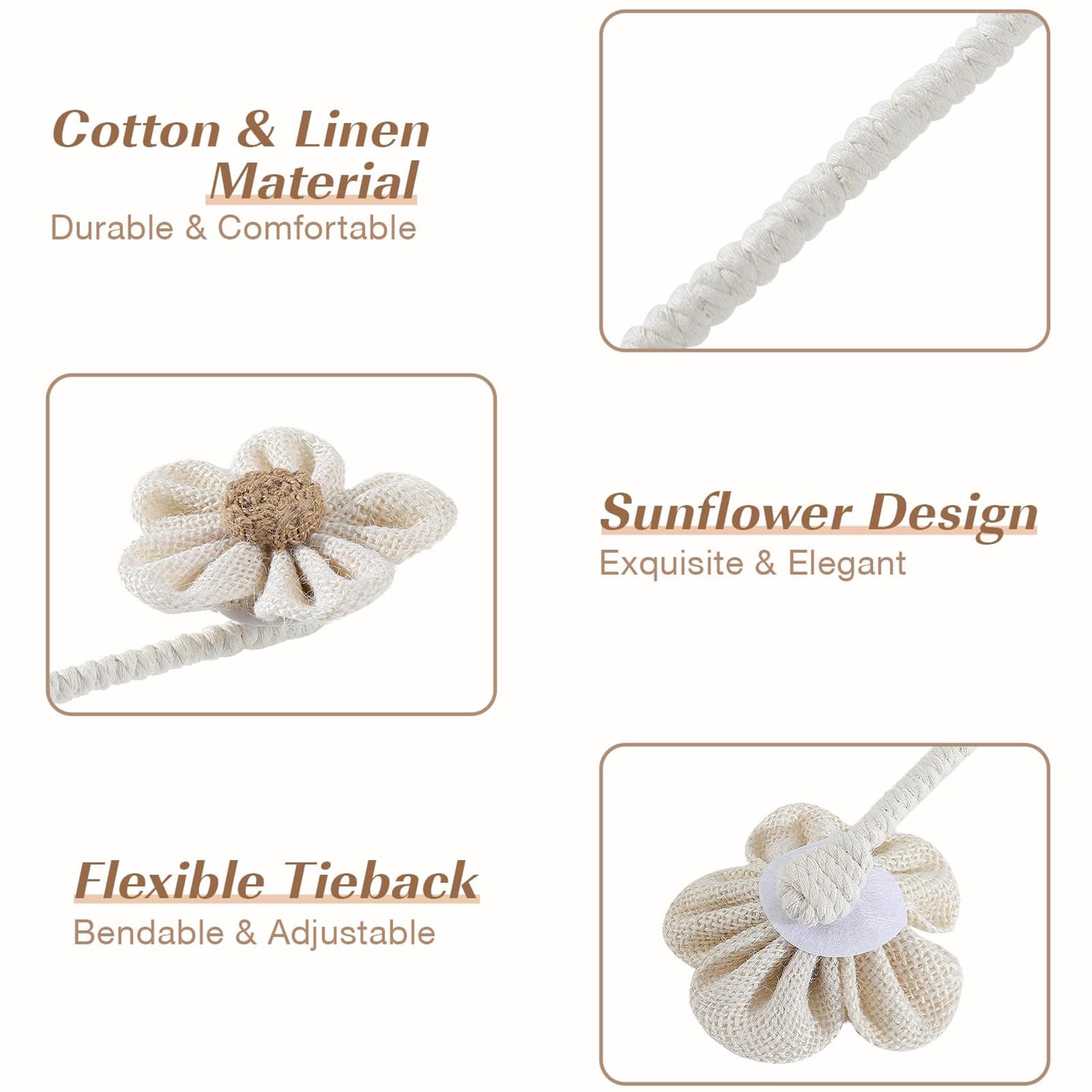 Embrasses de Rideaux Fabriqués à la Main Fleurs Bohème Beige No Drill pour Décoration Maison Bureau