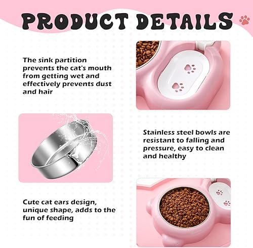 Miniatura 5 de Juego de cuenco de comida y agua para gatos rosa y tapete de silicona antideslizante, cuenco de comida de acero inoxidable con dispensador de agua