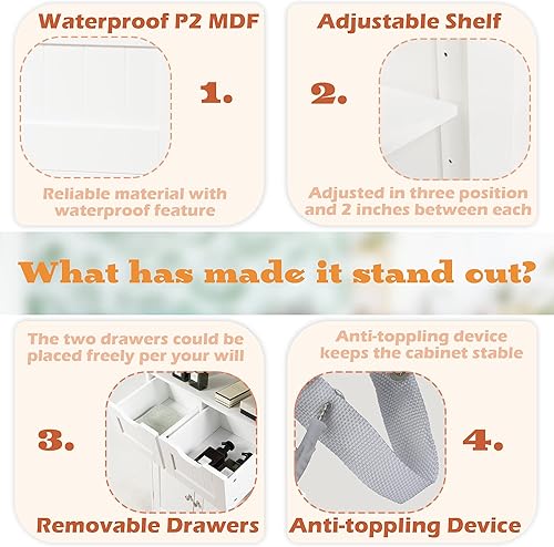 Miniatura 18 de GLACER Armario moderno para baño, armario de almacenamiento con cajones extraíbles y estante ajustable para baño, sala de estar, cocina o entrada,