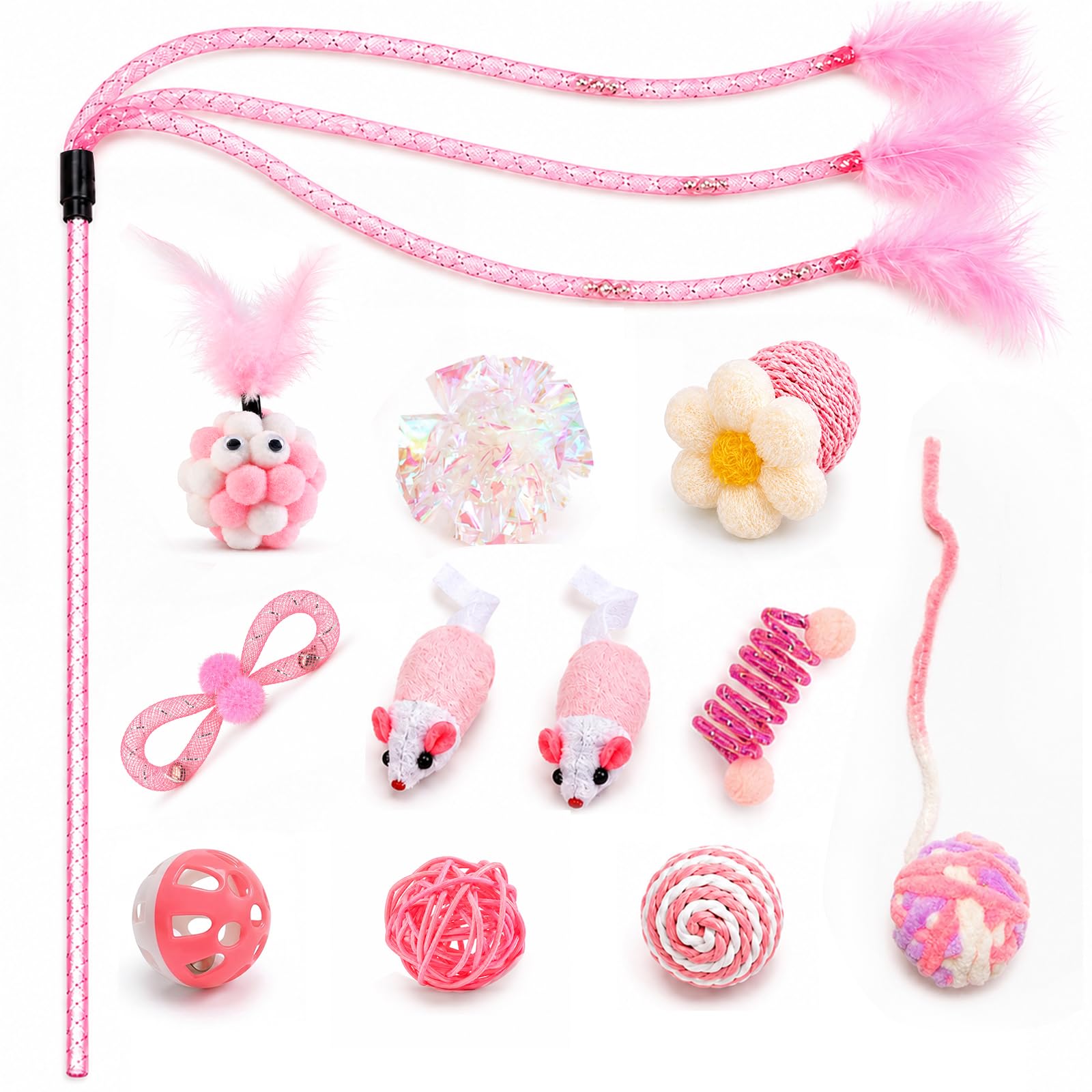 12 Pack Interactive Cat Toys Feather Wand Mice Springs & Bell Balls