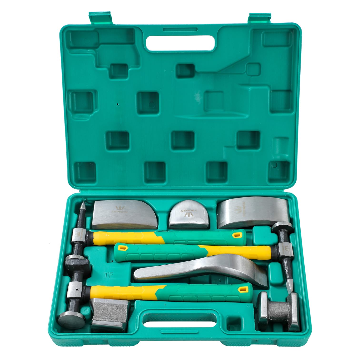 TOPWAY 9‑tlg. Profi‑Karosserie‑Dellen Reparaturset – Hammer mit Fiberglasgriff, Dollies – für Beulenentfernung & Lackierarbeiten