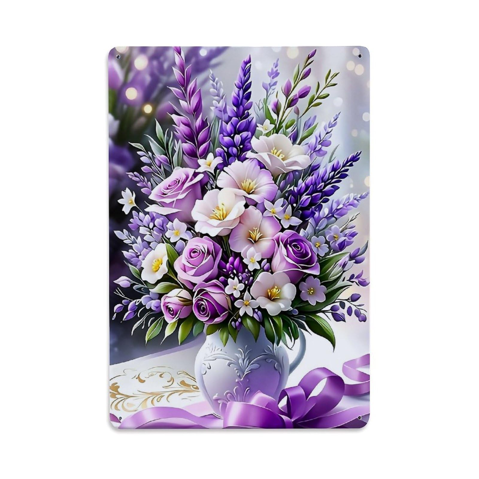 Jdfenggu Vintage Purple Floral Arrangement With Ribbons Retro Metal Tin Sign, Decor Art Poster For Bar, Home, Man Cave, Kitchen, Laundry Room Gift 8X12inch