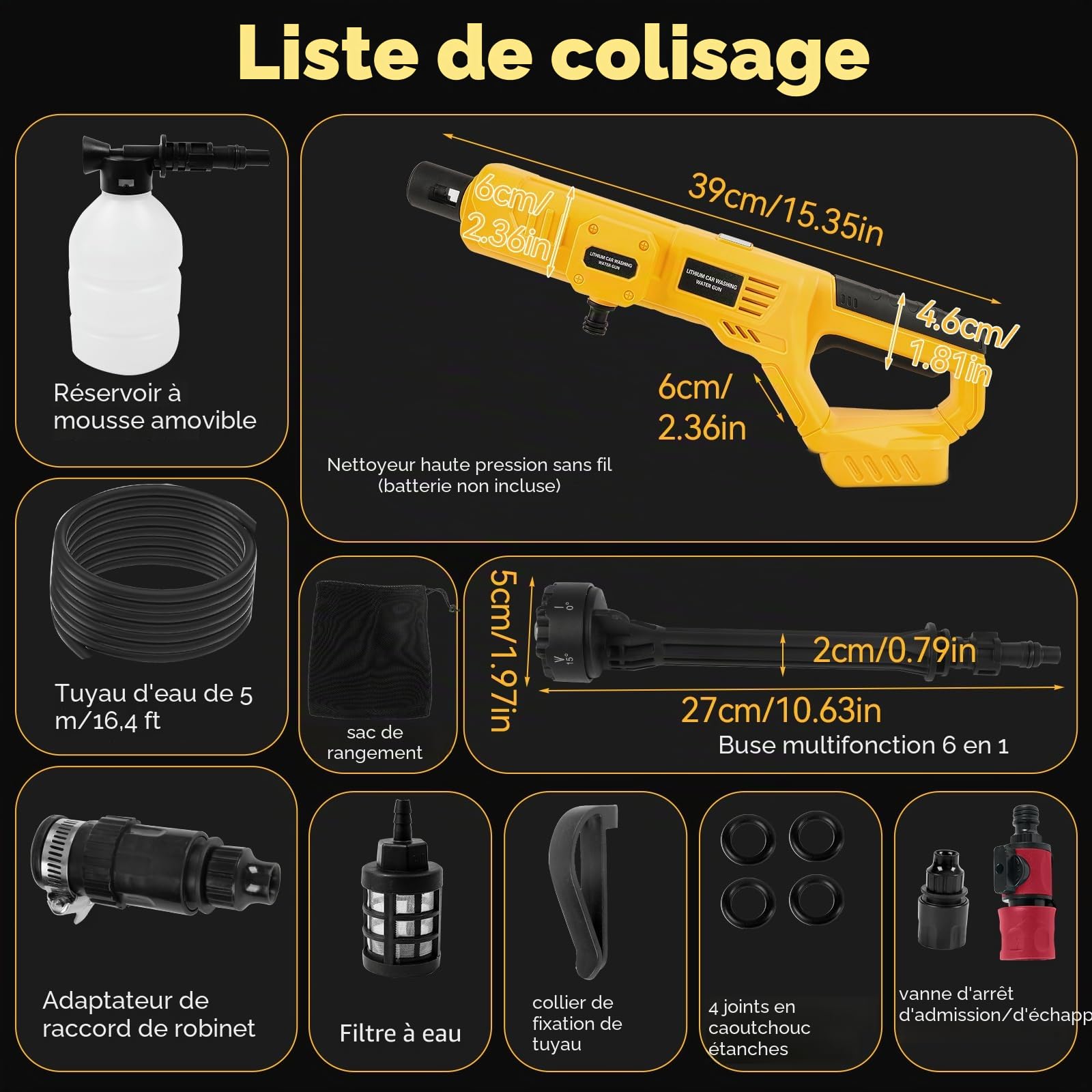 Nettoyeur Haute Pression sans Fil pour Batterie DeWalt 20V, 21000RPM 1000 PSI Nettoyeur Haute Pression Portable avec buse 6-en-1 pour Le Nettoyage des sols de Voiture, des clôtures (sans Batterie)
