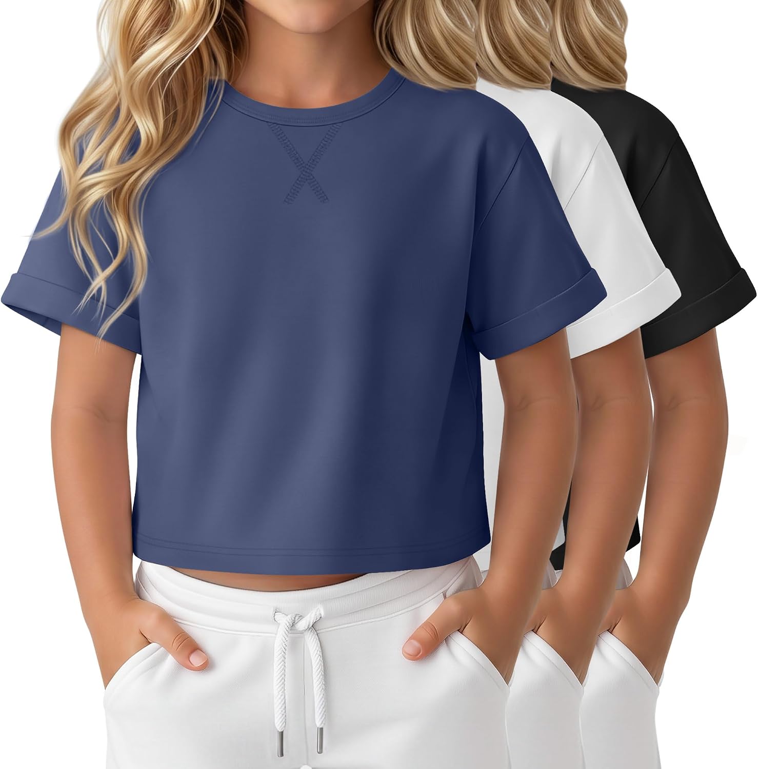 Oakgarden 3 Pack Girls Short Sleeve Tops Oversized Crew Neck Crop Shirts 5-14 Years Kids Casual Basic Tees Rolled Sleeve