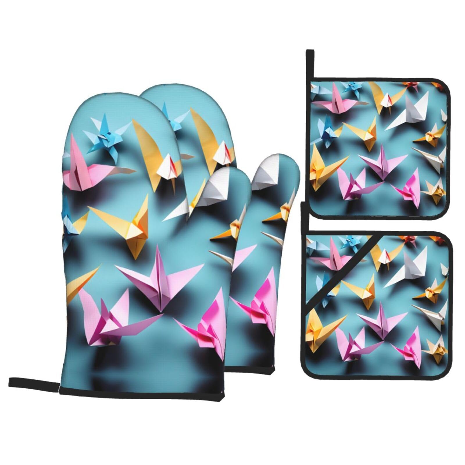 Origami Paper Cranes Print Stylish 4-Piece Microwaving Oven Waterproof Kitchen Gloves Baking Holiday Cooking
