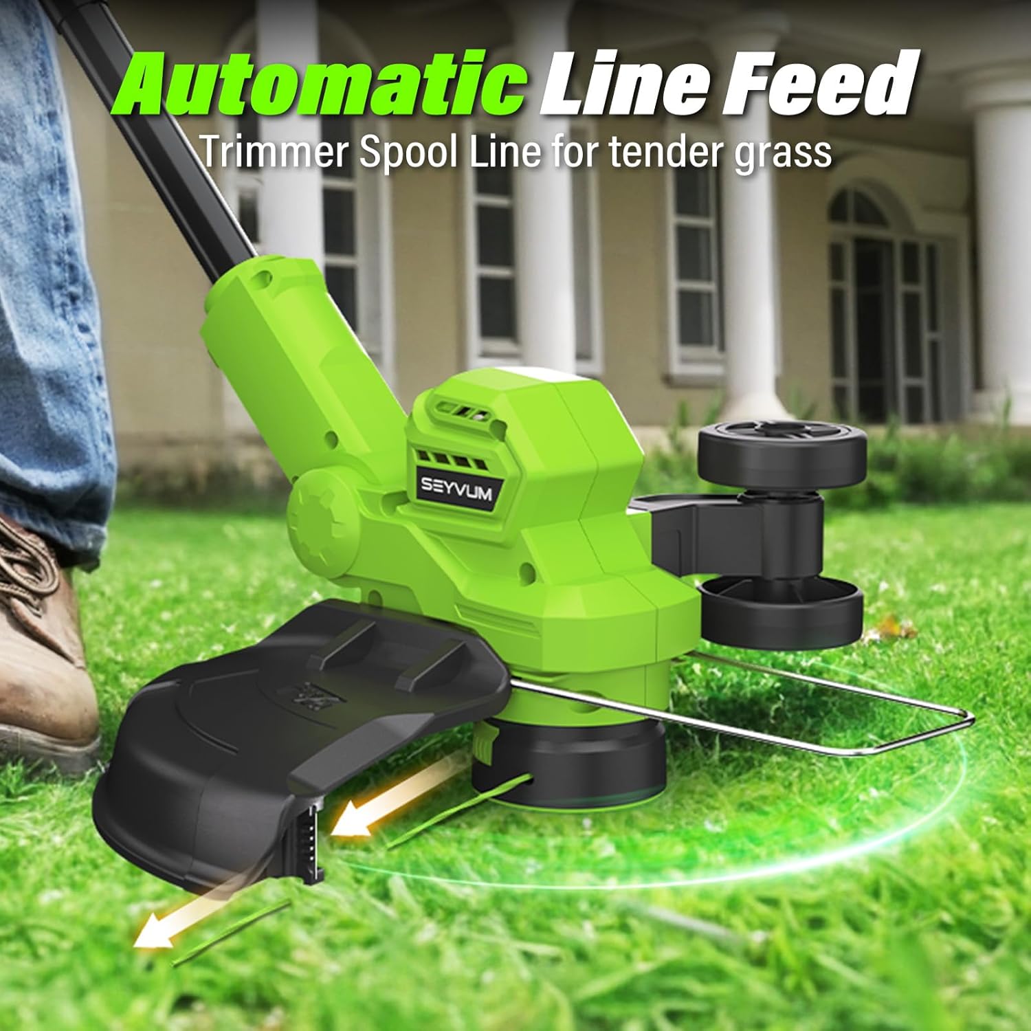 SEYVUM String Trimmer, 20V 12-inch Cordless Weed Trimmer with Auto Line Feed, 2 X 2.0Ah Battery Powered Lawn Edger with 4 Pcs Spool Line & 8 Pcs Plastic Blades, Fast Charger Included