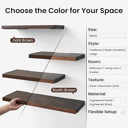 Miniatura 6 de BAYKA - Estantes de pared para decoración de dormitorio, estantes flotantes para pared, estante de madera rústica montado en la pared para libros