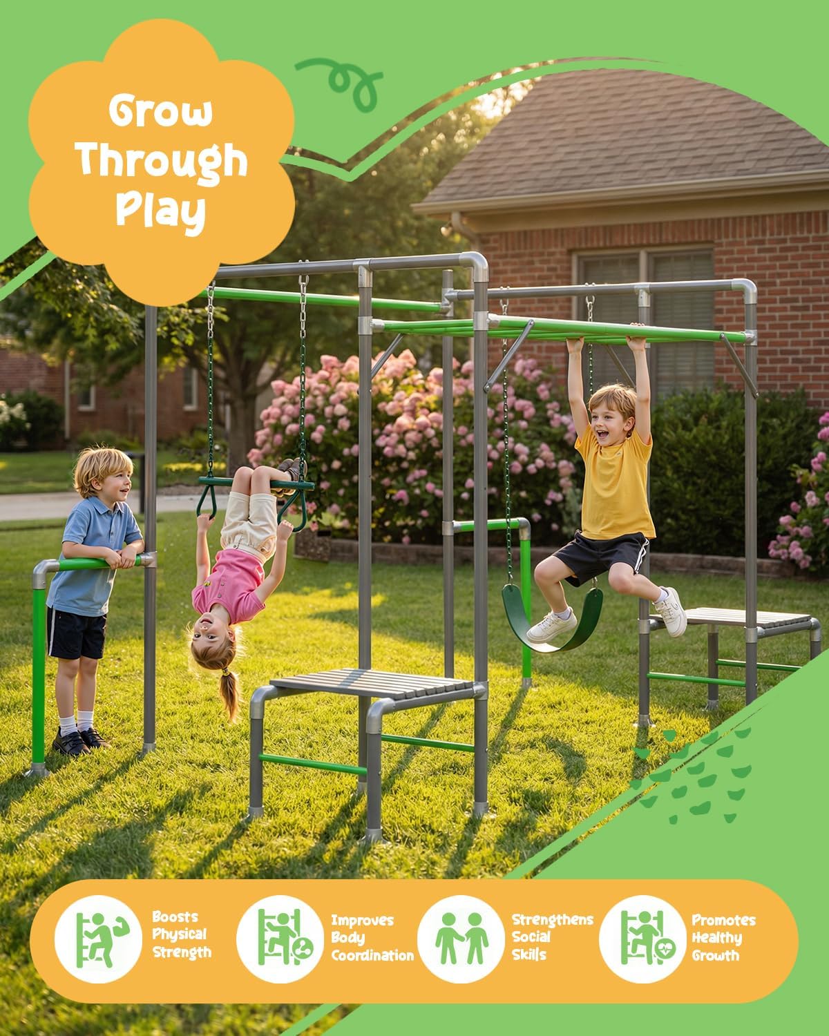 Outdoor Jungle Gym with Monkey Bars Frame, Climbing Set, Trapeze Swing Bar, Belt Swing, Kids Gymnastics Bars, Playground Set with Powder Coated Galvanized Steel for Backyard, Garden, Grass