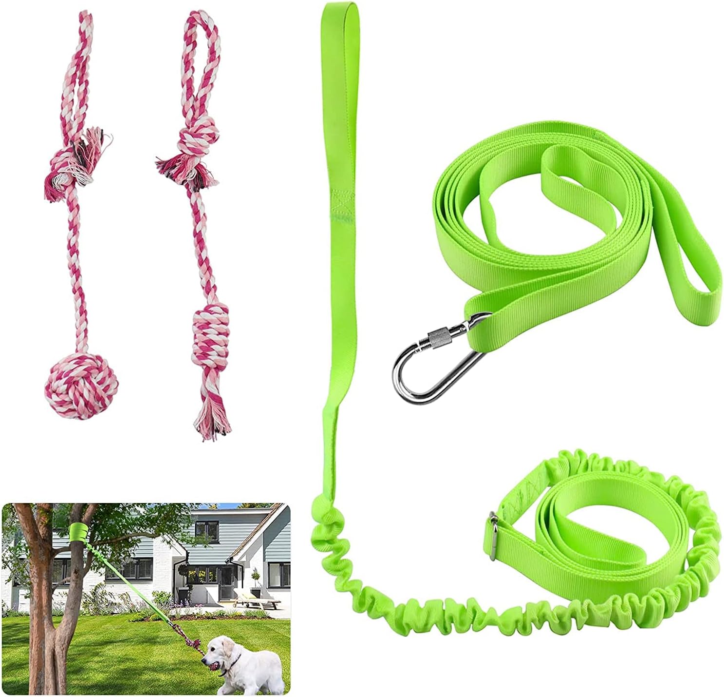 Outdoor Hanging Bungee Dog Toy, Retractable Interactive Tether Tug Dog Toy with 2 Chew Rope Toys for Small to Large Dogs - Best for Tug of War, Bite Training, Pull Exercise, Solo Play (green)