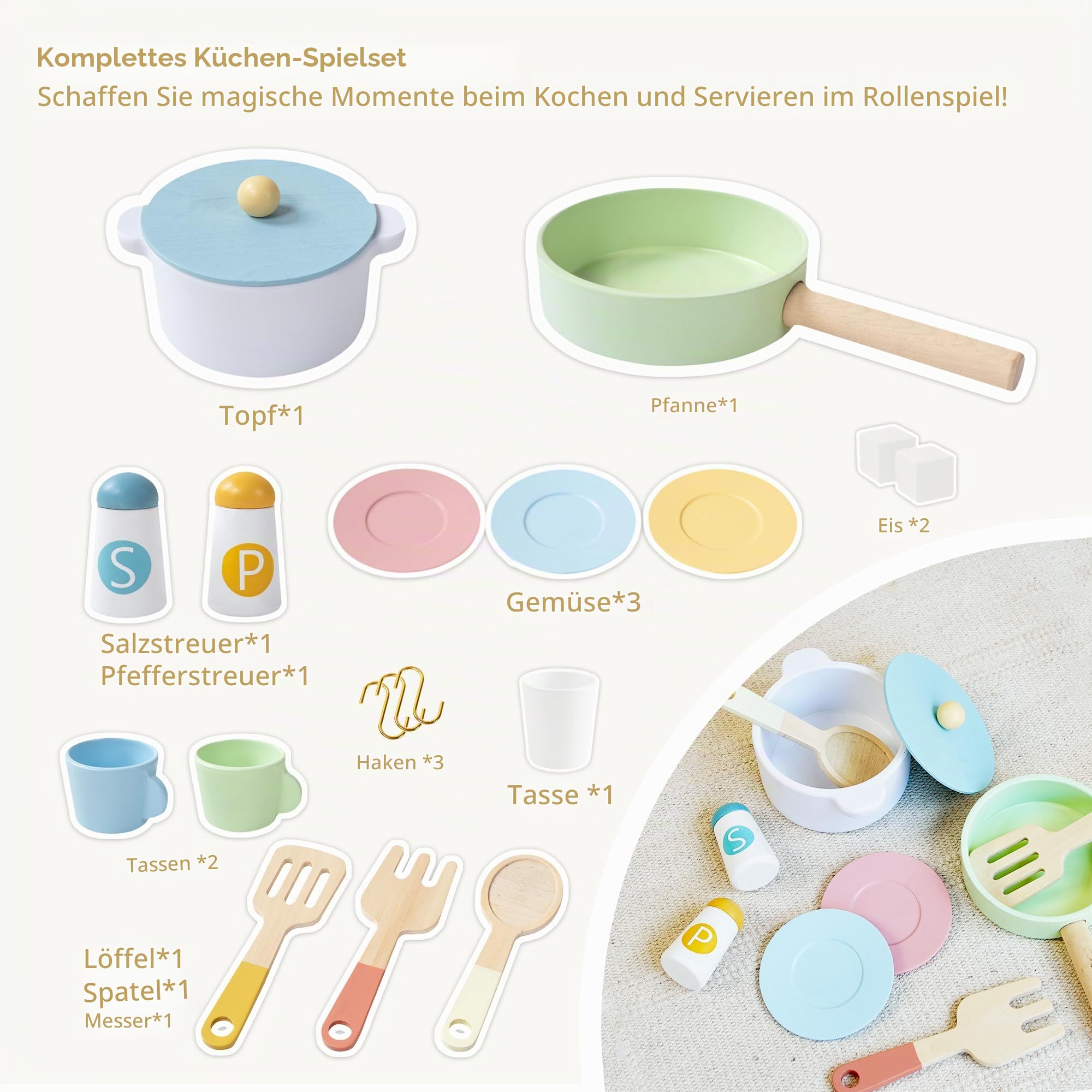 Holz Spielküche Kinder mit Eiswürfelspender,Wasserhahn Kinderküche Zubehör