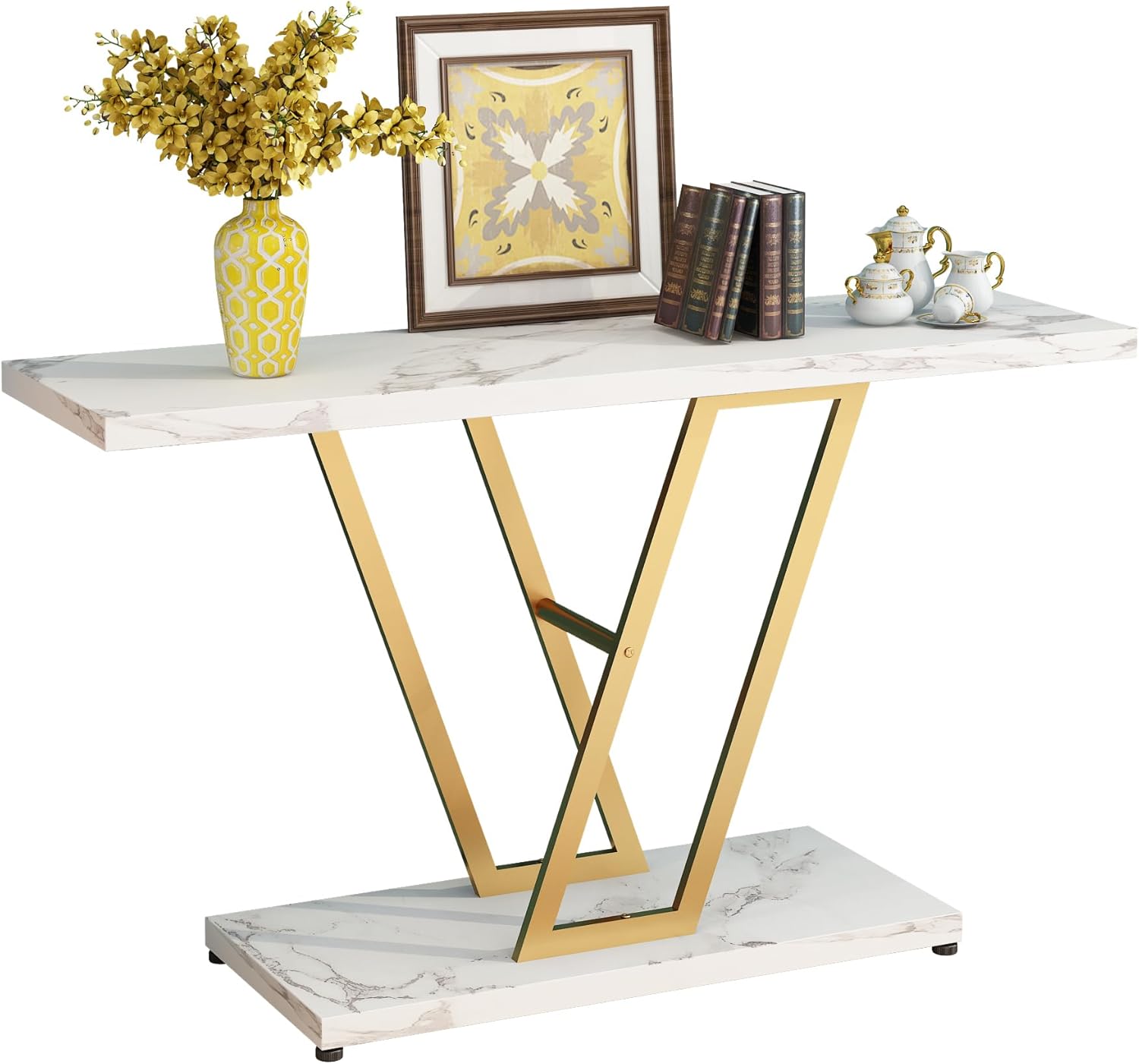 Console Table for Entryway, Industrial Hallway Table for Entryway, 42 Inch Entryway Tables Narrow Sofa Table for Living Room, Stable Metal Frame & Easy Assemble,Gold/White Color