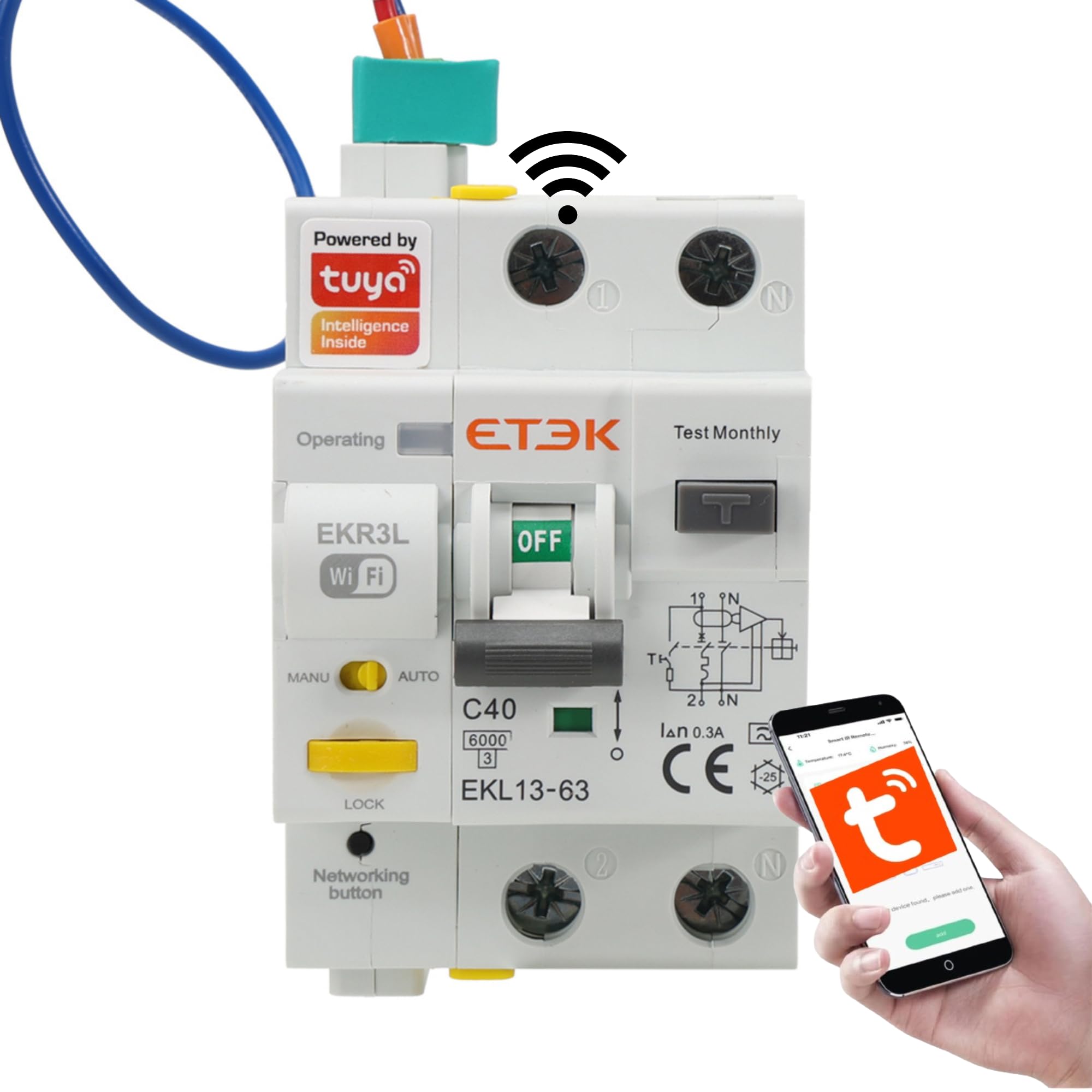 Diferencial Auto Rearmable con control por WIFI Superinmunizado - 40A 300mA - RCBO con Protección Magnetotérmica contra Sobrecorriente - Clase A - Control Remoto