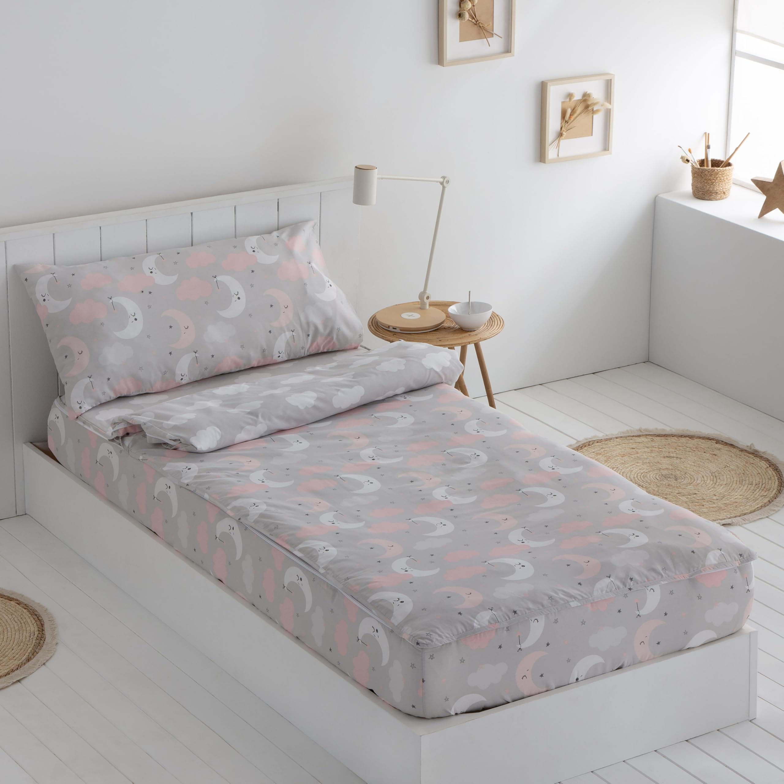 COTTON ARTean Saco nordico con Relleno Lunitas Rosa para Cama 90 x 190/200 + 1 Funda de Almohada. Saco Unido a la Bajera con Cremallera. con Relleno nórdico.