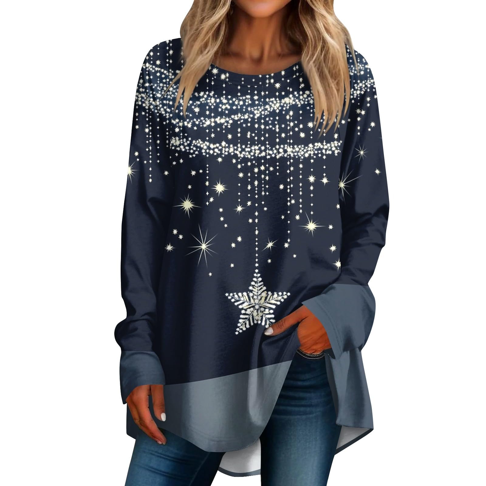 Pullover Weihnachten Damen, Outfit Weihnachtsfeier Damen Blusentops Longsleeve Geburtstag Modern T Shirt Übergrößen Chirstmas Schneeflocke Tshirts, Geschenke für Frauen Weihnachten