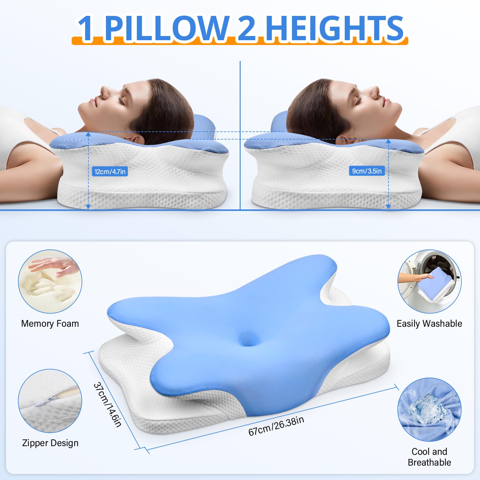 Ehomfory Oreiller Ergonomique Cervical, 2 en 1 Oreiller Memoire Forme pour la Nuque, pour Dormir sur Le côté, Le Dos et Le Ventre, 67 x 37 x 9/12cm, Bleu