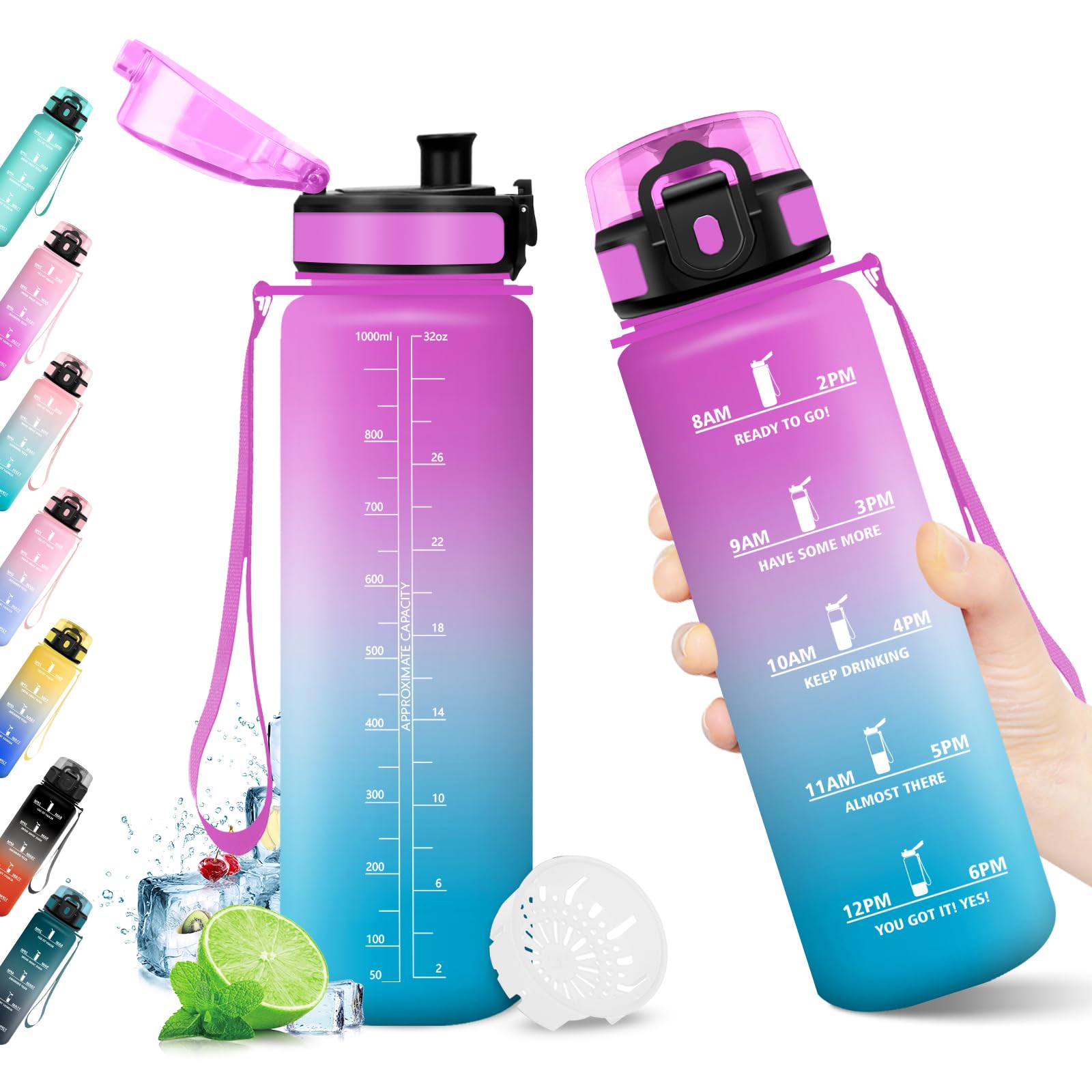 KollyKolla Borraccia 1L, Riutilizzabile, Bottiglia con Filtro, Borraccia con Indicatore del Tempo Motivazionale senza BPA, A Prova di Perdite, ideale per Adulti, Bambini, Scuola, Ufficio