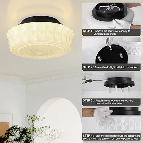 Miniatura 7 de Lámpara de techo de vidrio de leche blanca, iluminación de montaje al ras de 13.8 pulgadas para dormitorio, pasillo, cocina y comedor, diseño Blanco