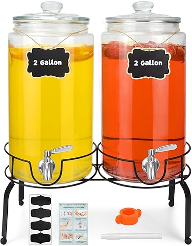 Dispensador de bebidas de 2 galones, paquete de 2, dispensador de bebidas de espita de acero inoxidable para fiestas con soporte, recipiente de