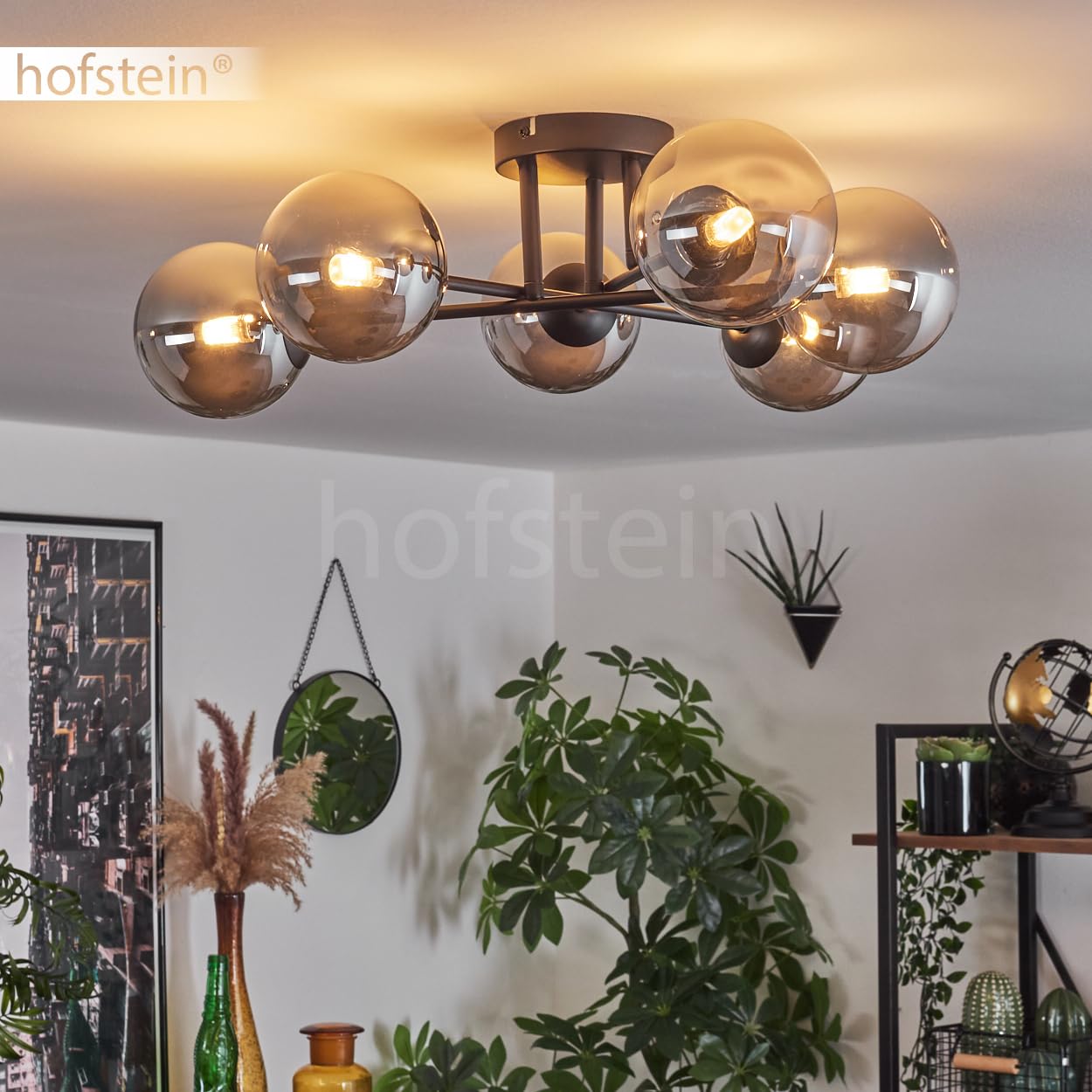 Hofstein Plafoniera Chehalis, lampada da soffitto in metallo/vetro nero/fumé, illuminazione in stile moderno retrò/vintage con paralumi in vetro (Ø 12 cm), 6 x G9
