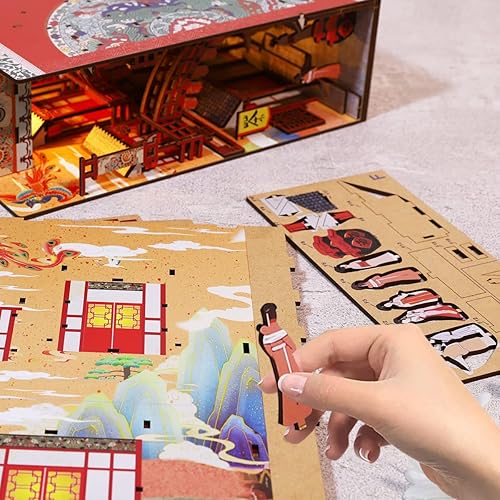 Miniatura 5 de Kit de bricolaje en miniatura para rincón de libros, rompecabezas de madera 3D, decoración con sensor de luz, kit de modelo de casa de muñecas,