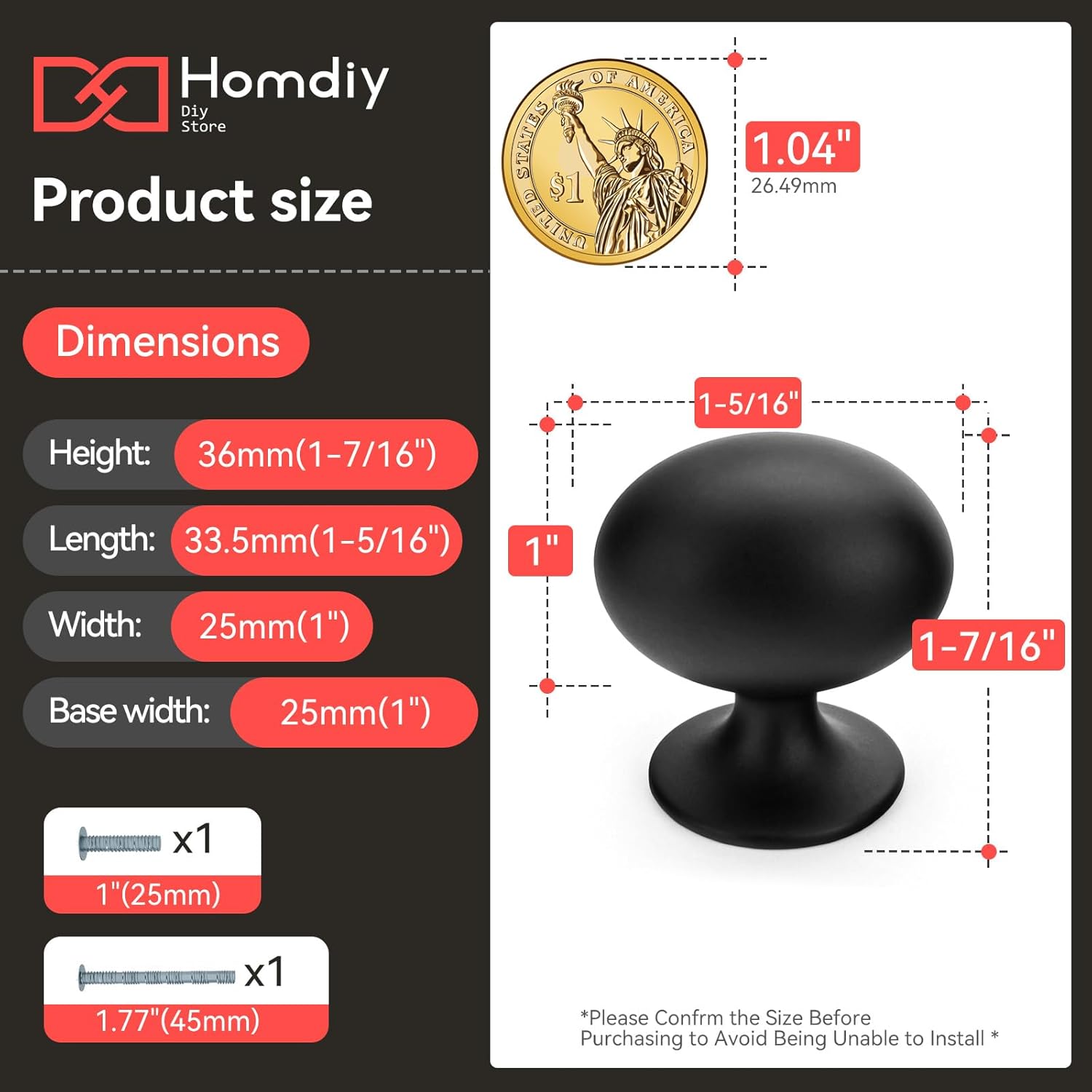 homdiy 10 Pack Solid Cabinet Knobs Oval Black Cabinet Knobs 1-5/16 inch Kitchen Drawer Handles for Cupboard Dresser