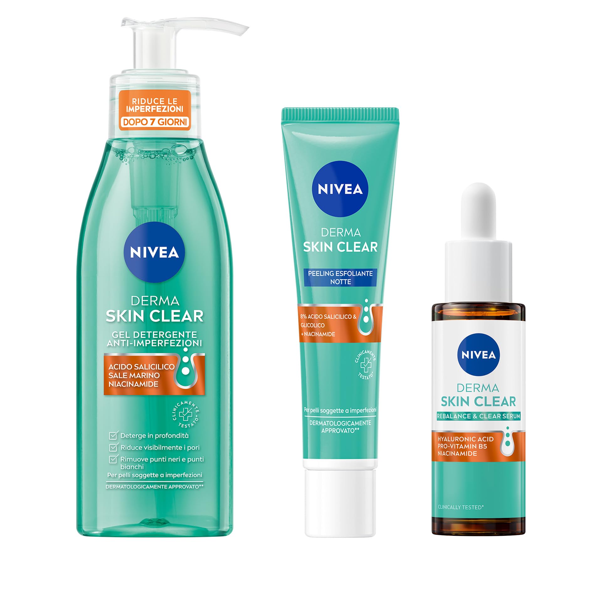 NIVEA Derma Skin Clear Skincare Kit Anti-Imperfezioni con Gel Detergente Viso 150 ml, Peeling Notte Esfoliante 40 ml e Siero Viso Perfezionante & Riequilibrante 30 ml per pelli miste e grasse