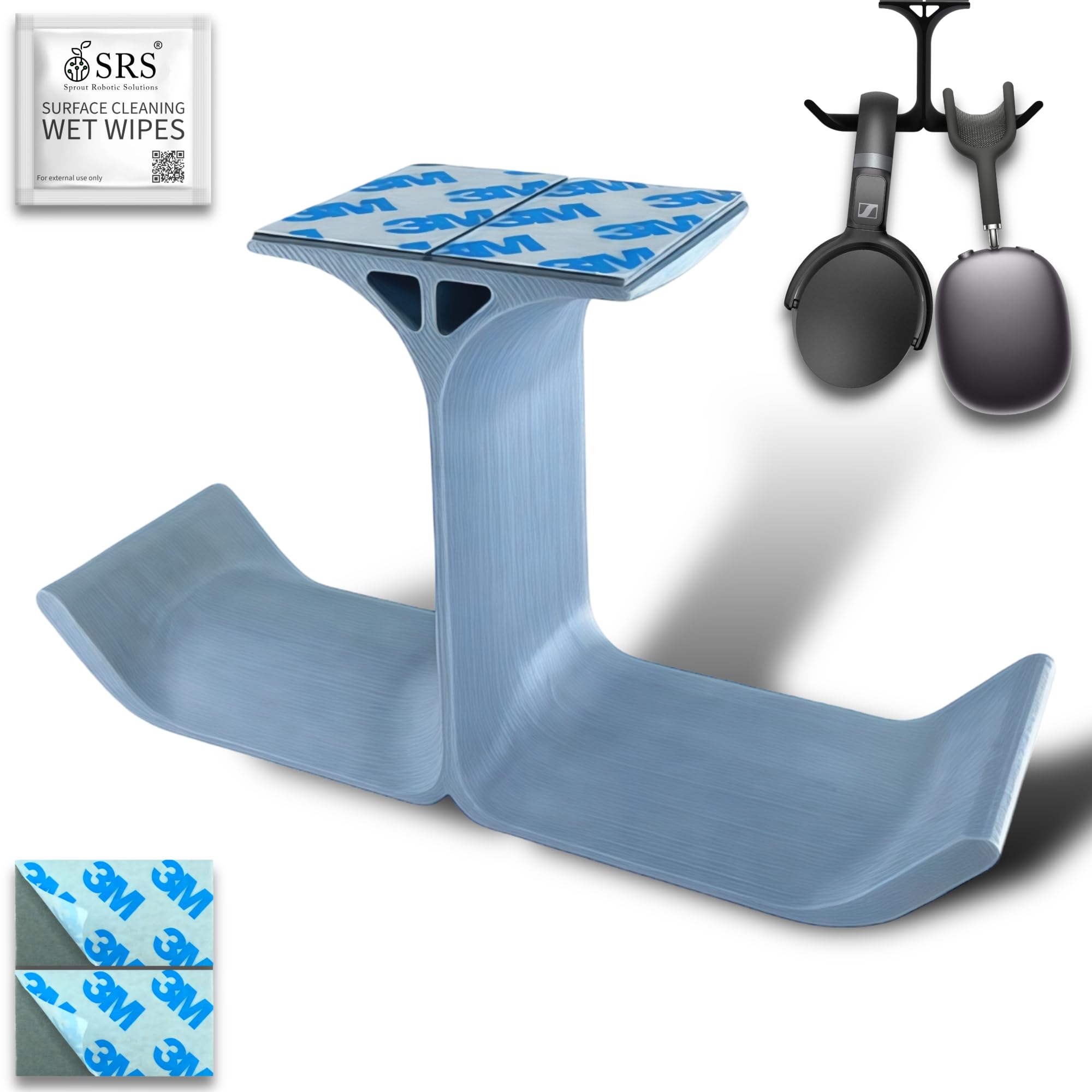 SRS® Dual Headphone Stand Holder Under Desk Hook Hanger with Cable Organizer Storage Options for All Professional | Corporate | Gaming Headsets & PC Accessories Stick-ON Adhesive (Pack of 1, Silver)