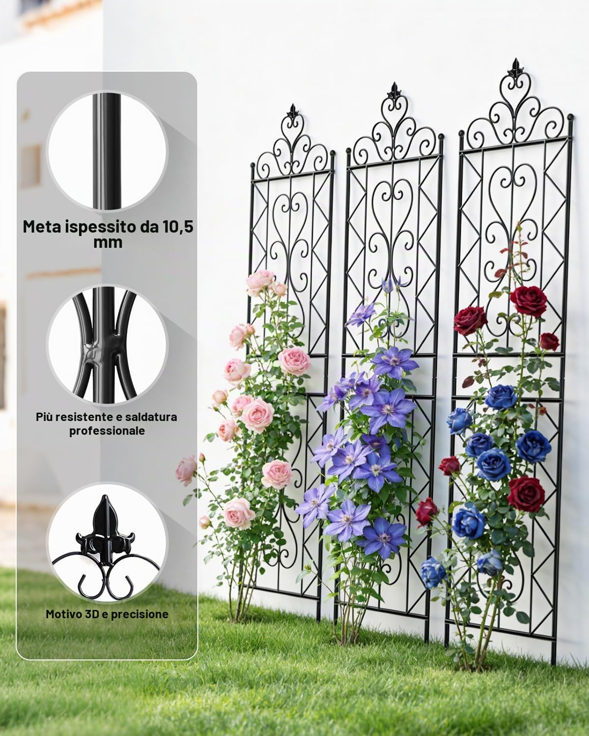 ARIFARO Set di 2 Tralicci per Piante Rampicanti, 200cm x 50cm Supporto in Metallo per Giardino e Balcone, Grigliato Decorativo Stabile e Antiruggine per Rose, Fiori e Vasi, Nero, Motivo floreale