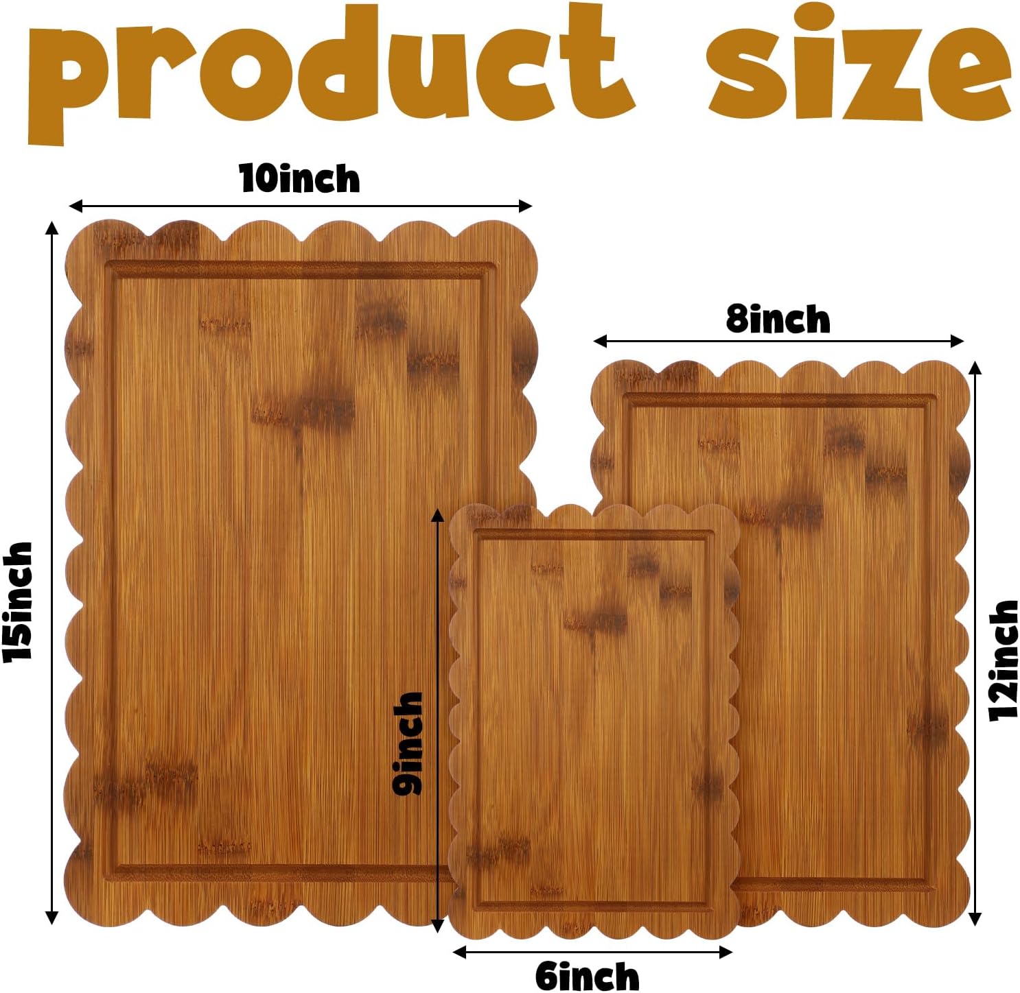 3 Pcs Charcoal Bamboo Wood Scalloped Cutting Boards for Kitchen with Juice Groove Blank Wood Charcuterie Tray for Snack Cheese Appetizers Grazing Platter Engraving Gift Crafts Rustic Wall