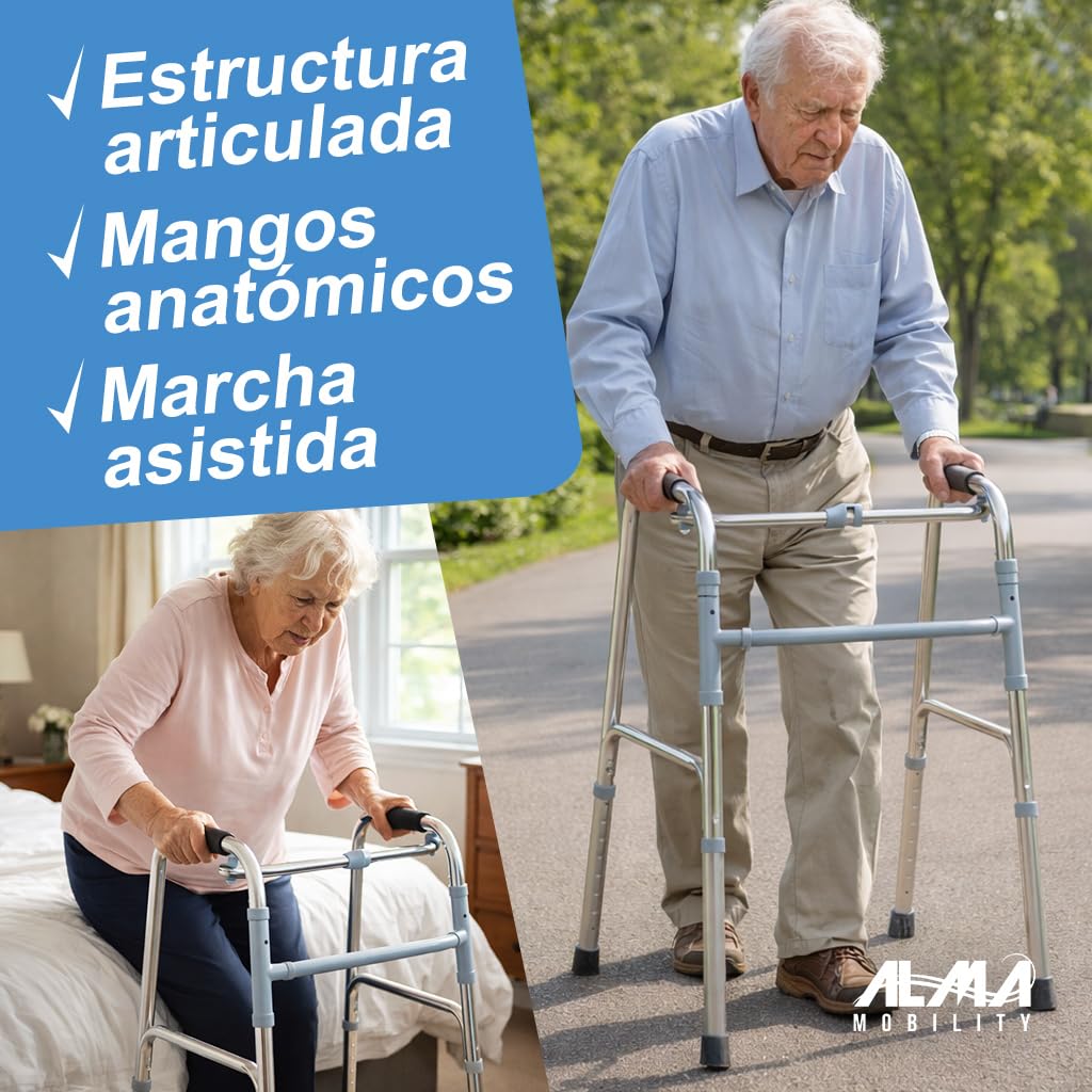 ALMA Andador para Ancianos Plegable de Aluminio, Andador Articulado Ortopédico, Ligero y Ajustable en Altura, Sin Ruedas, con Empuñaduras Anatómicas, Marcha Asistida para Adultos y Personas Mayores